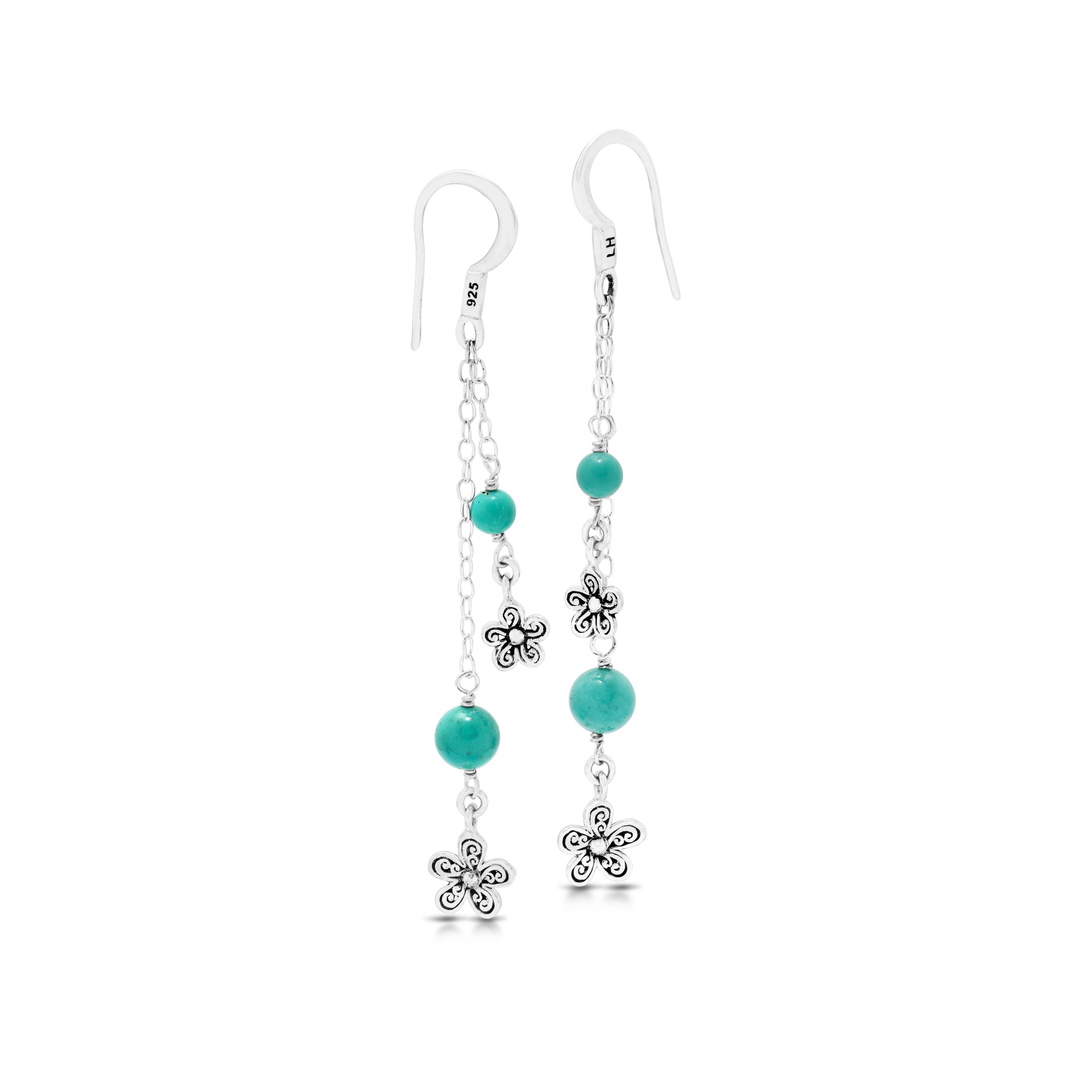 9663 Blue Turquoise Bead with Double Layers Flower Sterling Silver Scroll Drop Fishhook Earrings by Lois Hill