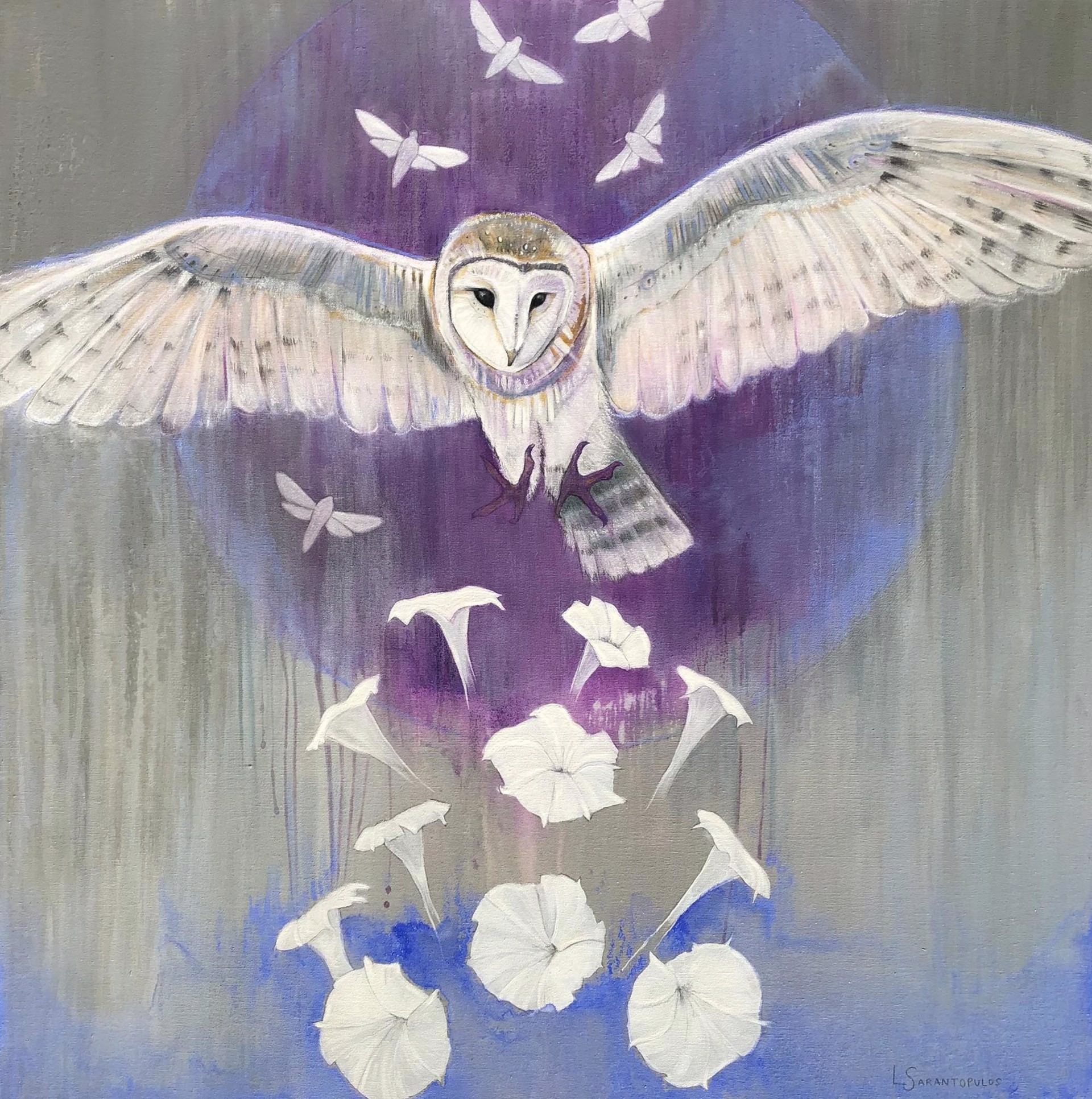 Original Mixed Media Painting Featuring An Owl In Flight Over Purple Circle With Hawkmoons And Flower Details On Abstract Gray Background