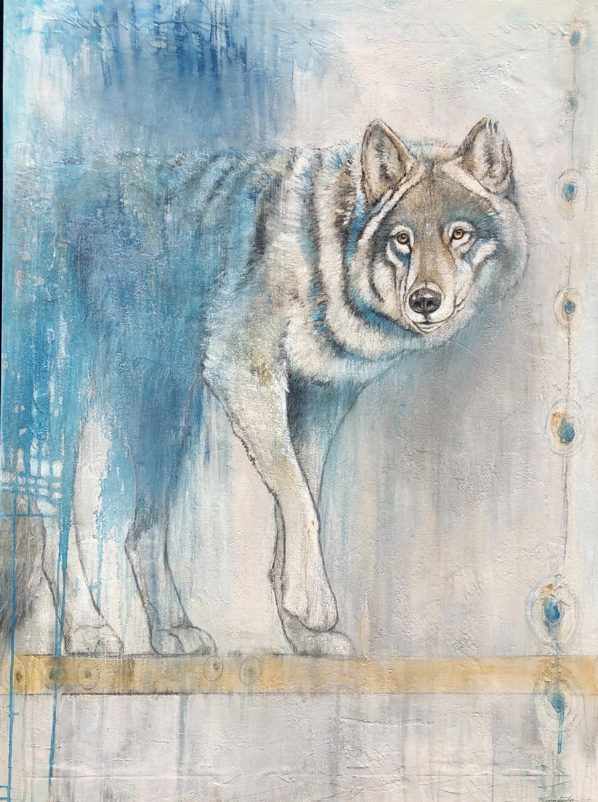 Original Mixed Media Painting Featuring A Wolf Sketched Onto Abstract Background