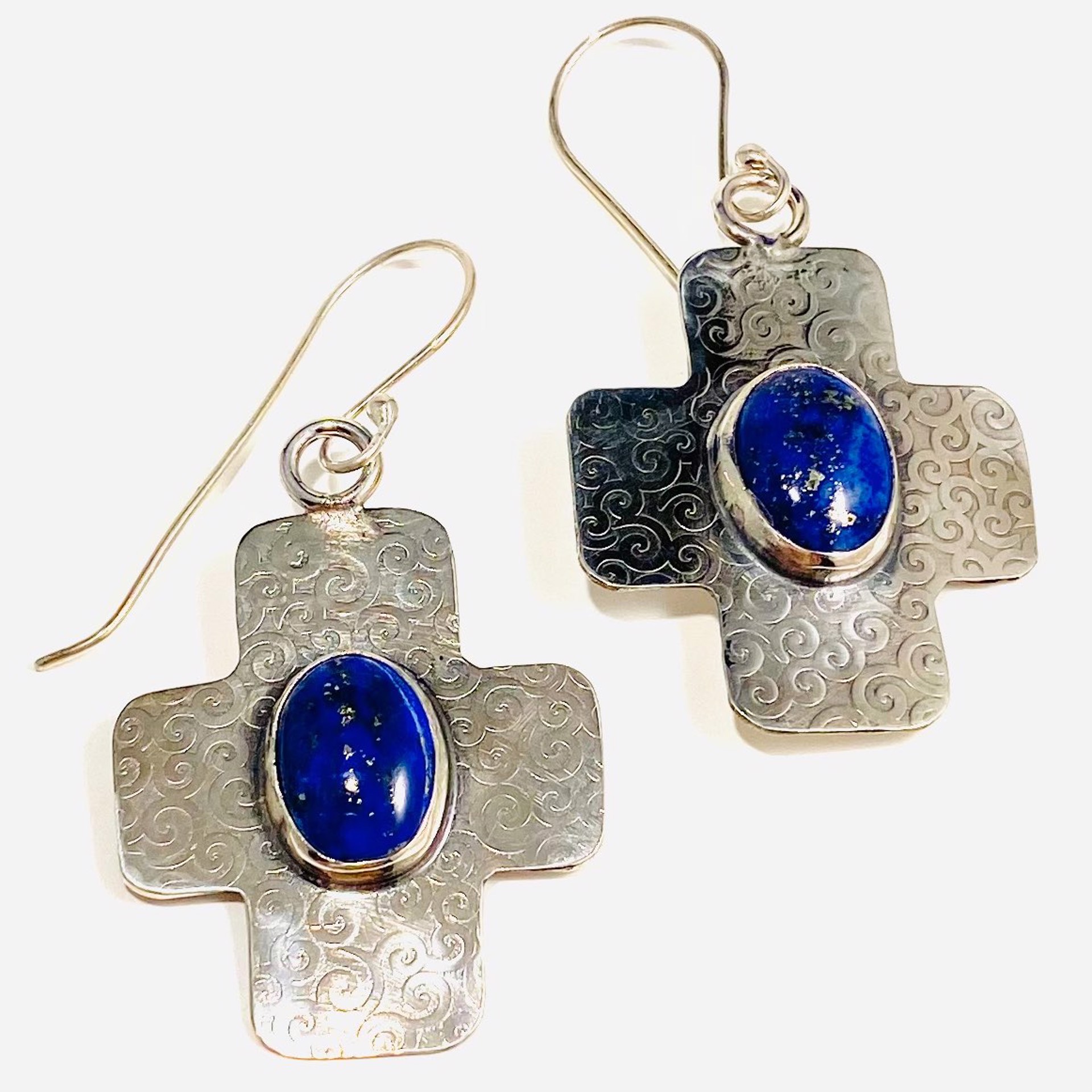 Silver Cross Stamped Design Oval Lapis Lazuli Cabochon Earrings AB22-56 by Anne Bivens