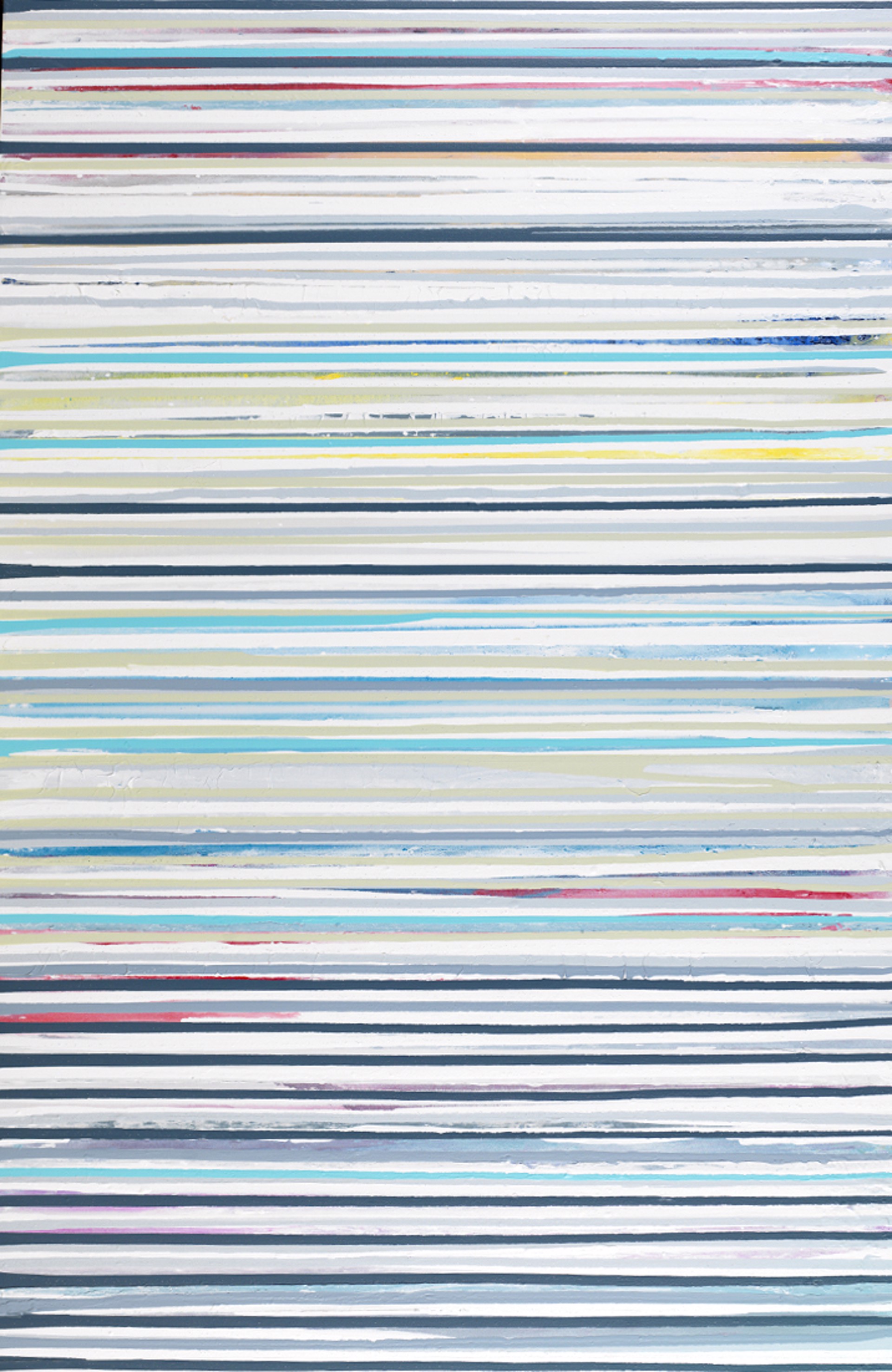 This is a photo of South Florida artist and painter John Schuyler's painting Linea #10. It is 60"H x 40"W and features a wide array of horizontal stripes in grays, blues, pinks and more to deliver a beautiful abstract painting.