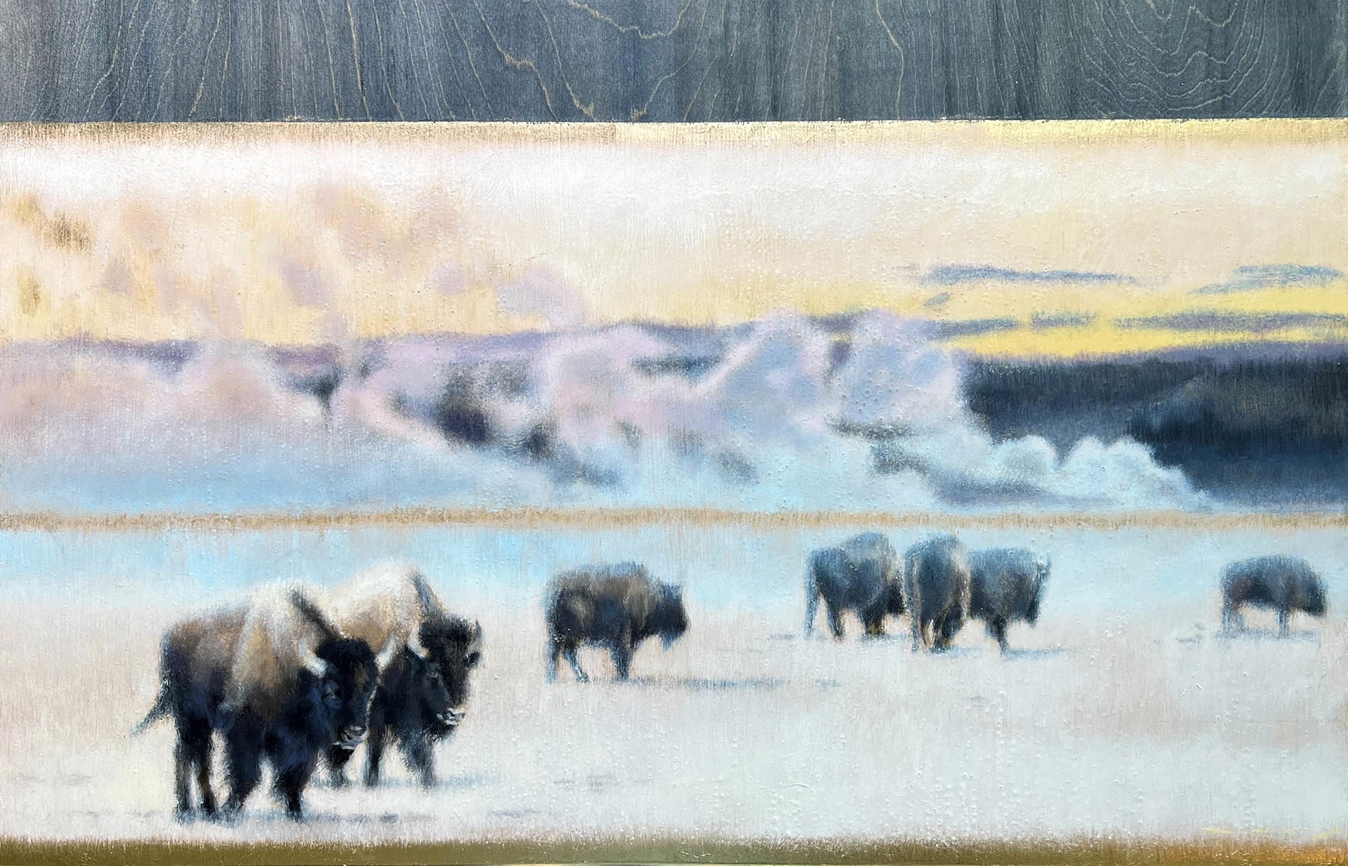 Original Painting Featuring A Bison Herd Walking Through Plains With Geyers In Distance, Gold Leaf Detail And Wooden Panel Showing Through