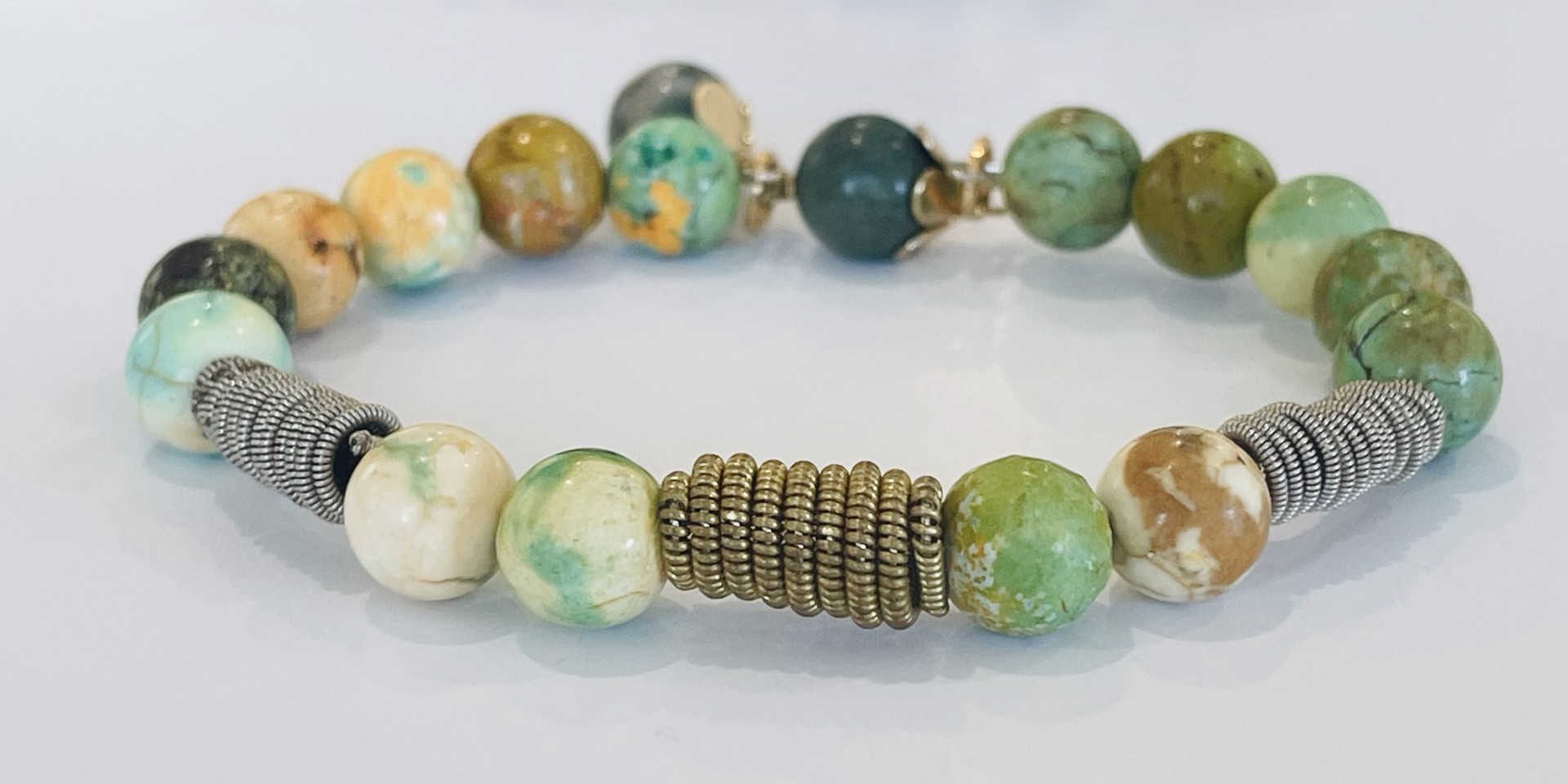 Green and Tan Stone with Guitar String Bracelet by String Thing Designs