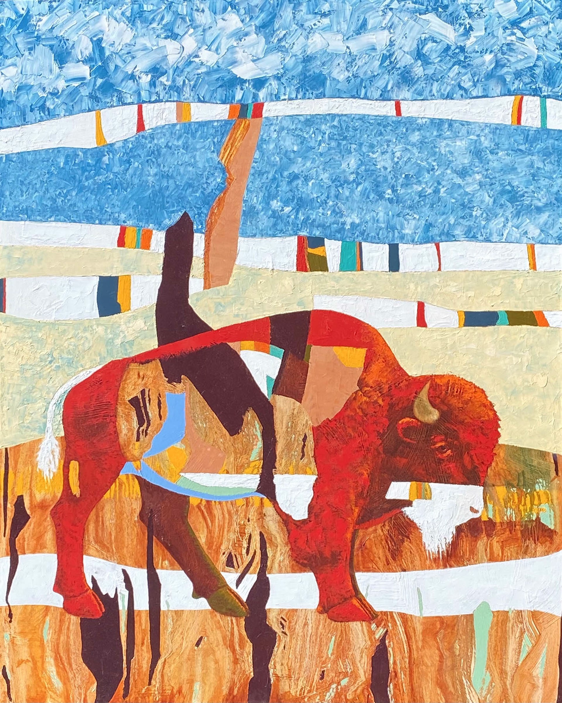 A Contemporary Painting By Ron Russon Of A Bison Walking Across An Abstract Landscape With Rich Colors At Gallery Wild
