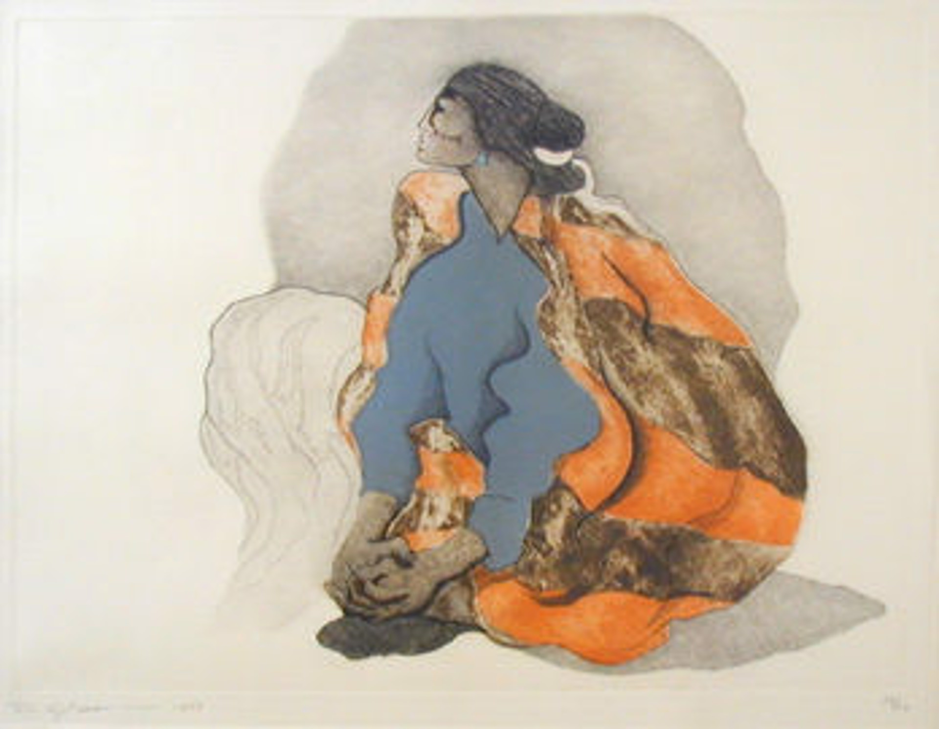 Navajo Woman Blue Shirt, orange/brown blanket by RC Gorman