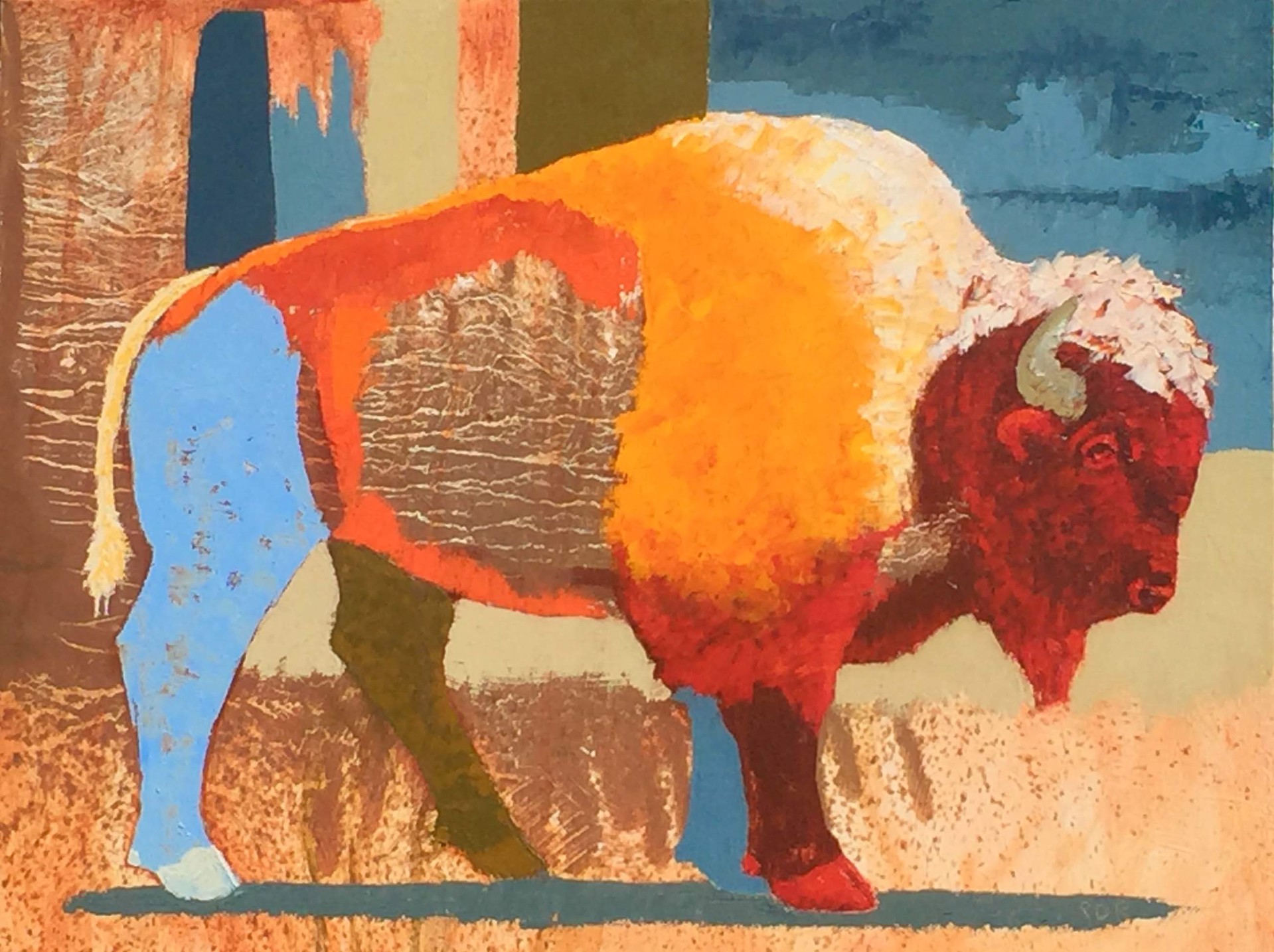 A Contemporary Western Painting Of An Abstract Walking Bull Bison On An Abstract Background At Gallery Wild