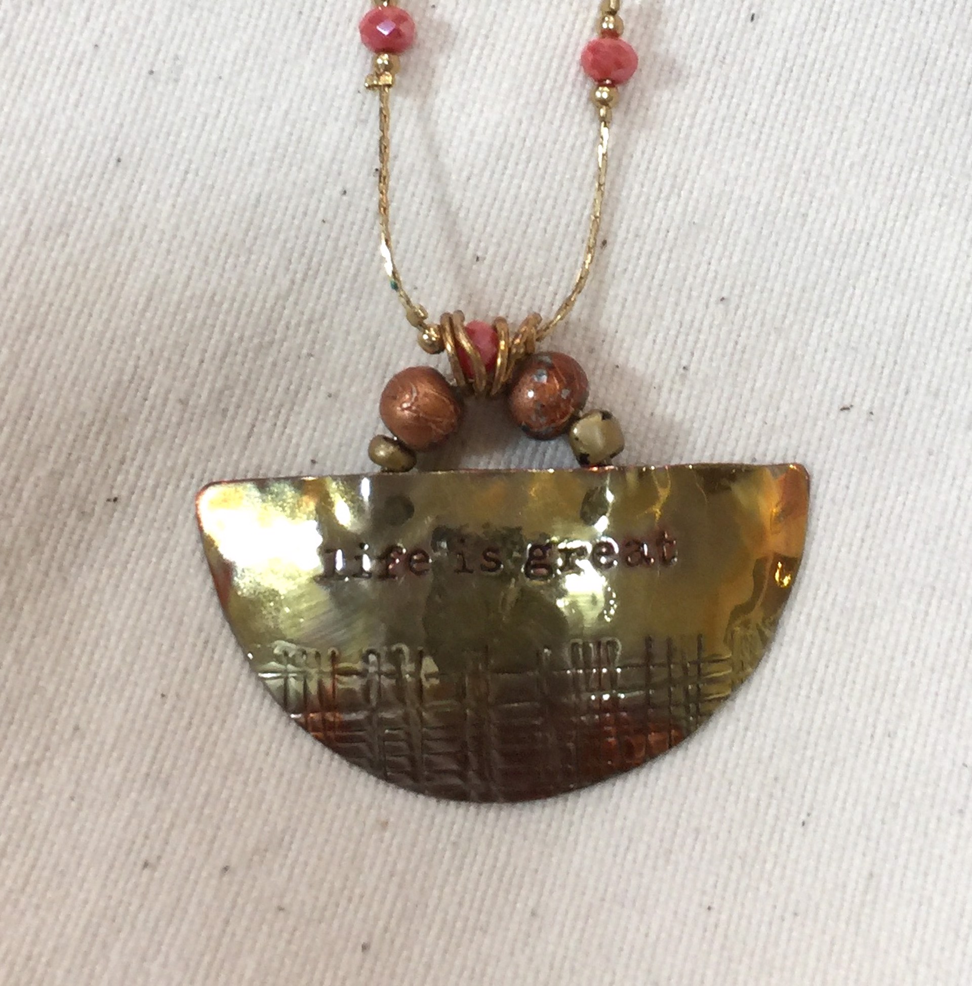Necklace - "Life Is Great" Brass & Coral #2004 by Vesta Abel