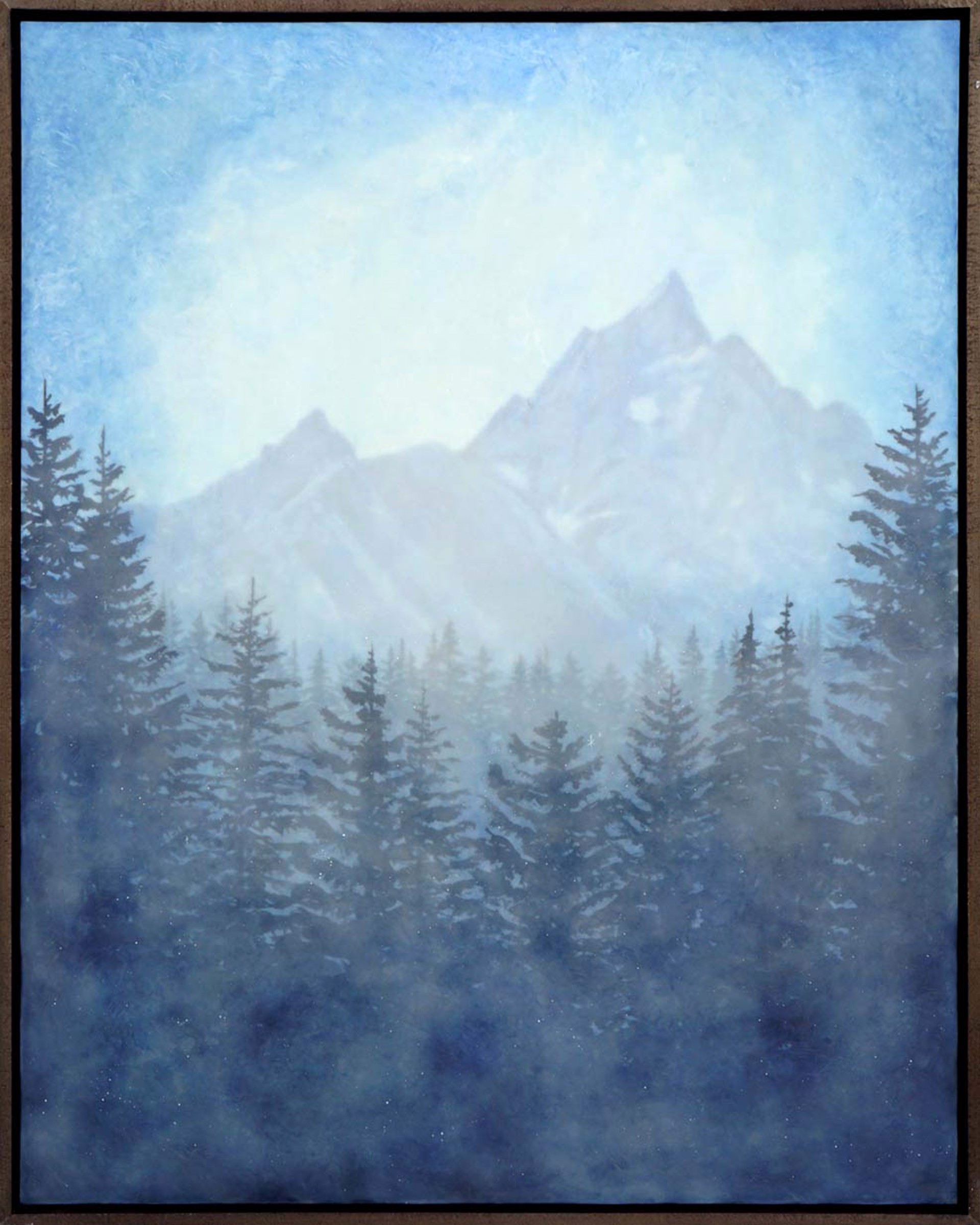Original Encaustic Painting By Bridgette Meinhold A Winter Scene Of The Tetons Enclosed By Pine Trees Blue Black White Vertical Painting