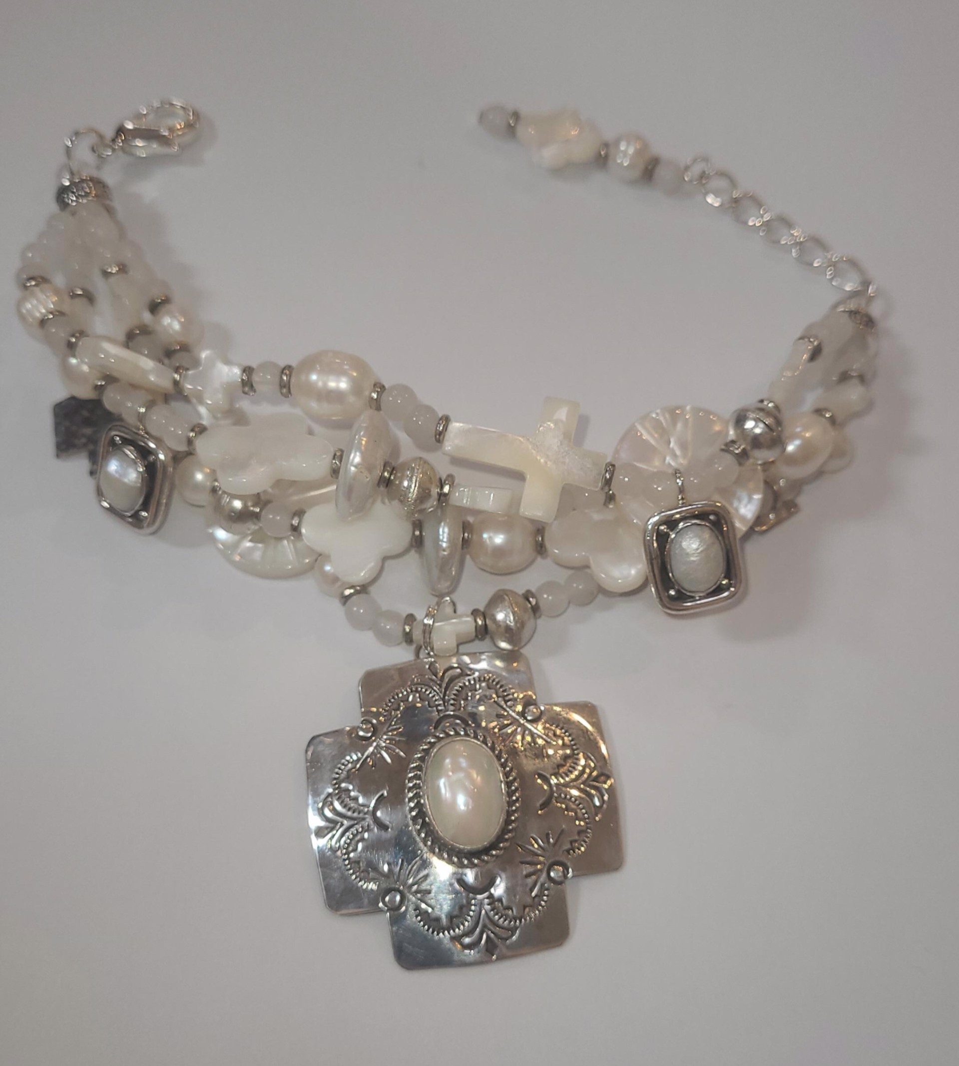 Bracelet - Pearls, Vintage White Beads, with Sterling Silver Crosses KY 1496 by Kim Yubeta