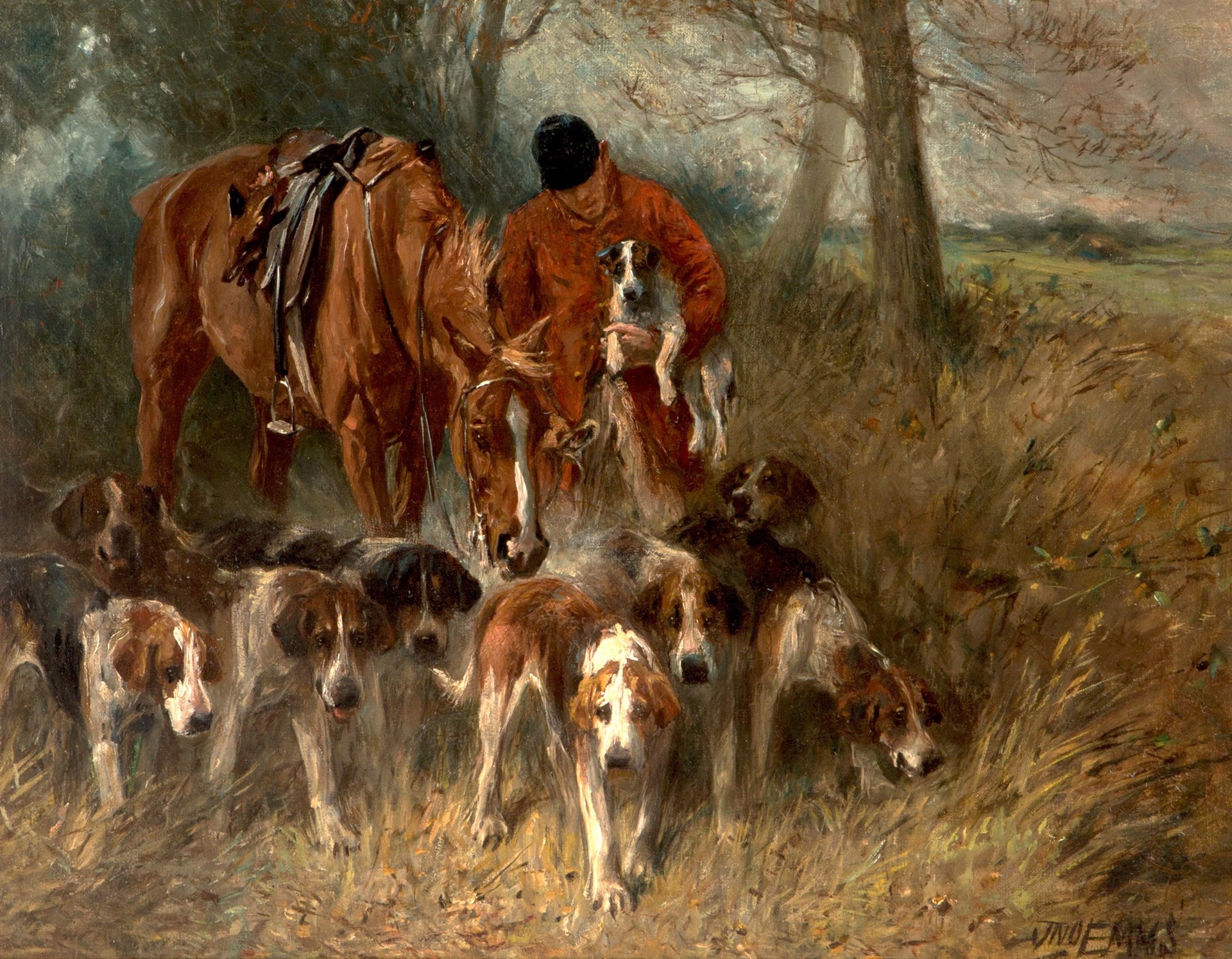 Huntsman with Terrier and Hounds by John Emms