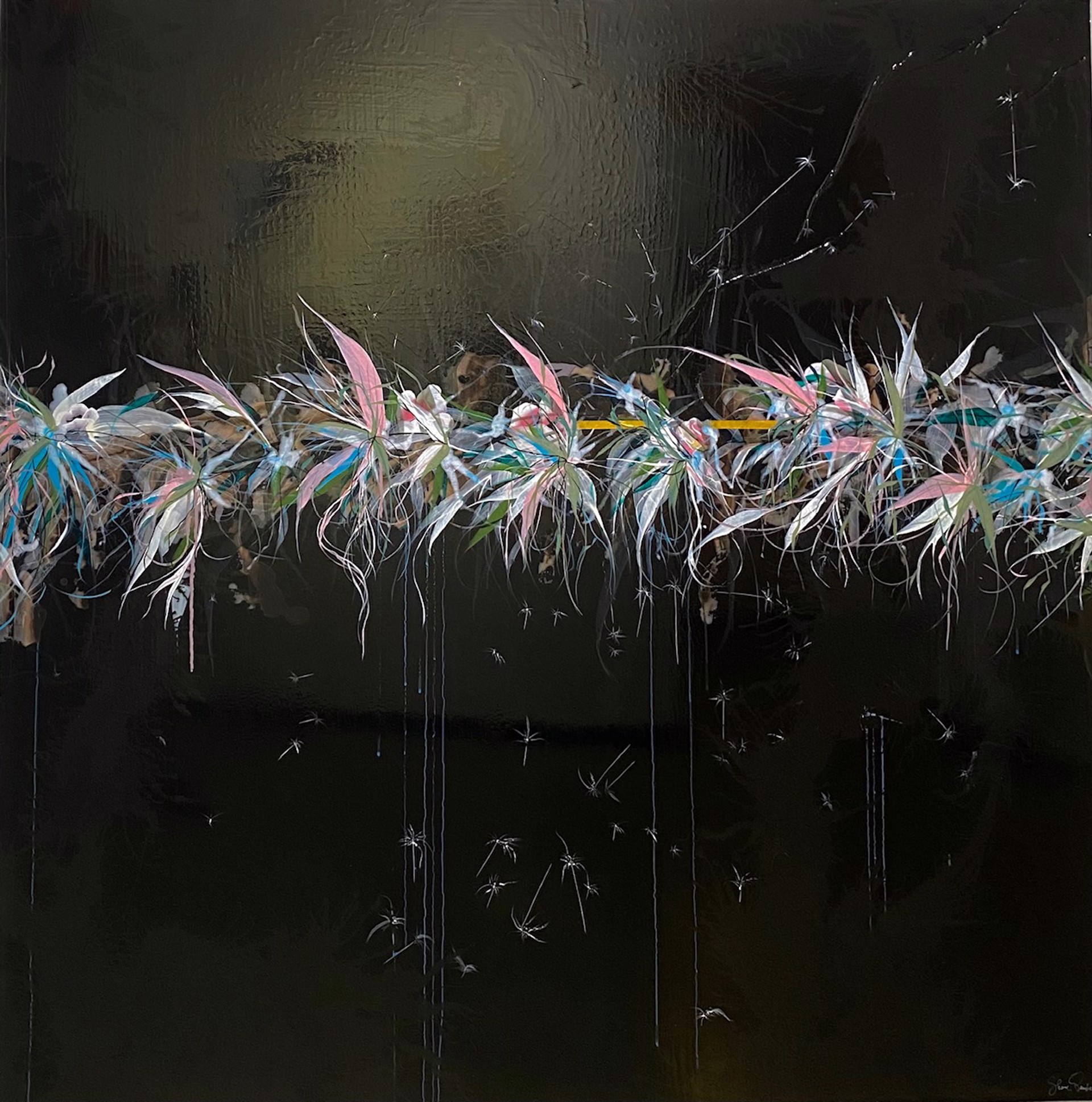 Black square painting with a strip of colorful flowers in a horizontal line in the top half of the image.
