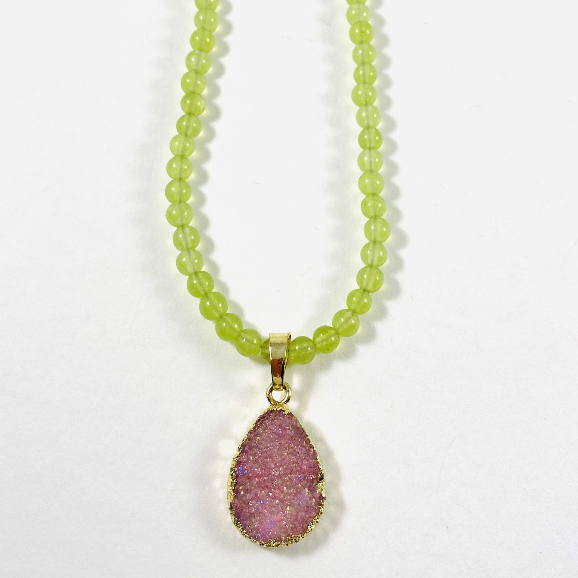 Olive Jade Pink Teardrop Druzy Pendant Necklace by Nance Trueworthy
