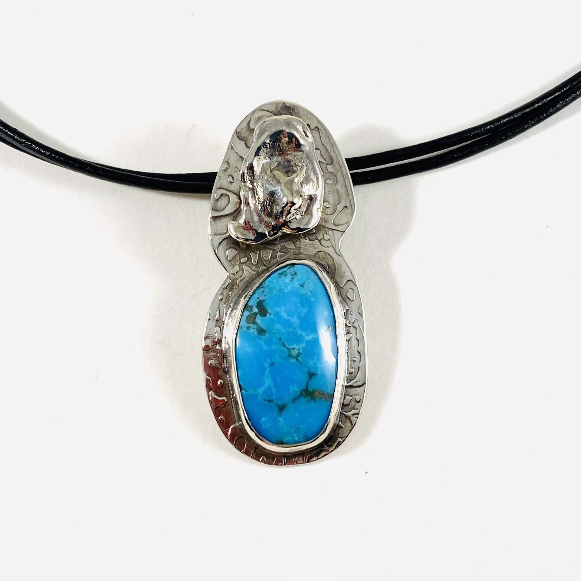 Kingsman Turquoise, Water Cast Sterling Nugget Pendant on Leather Cord Necklace AB21-43 by Anne Bivens