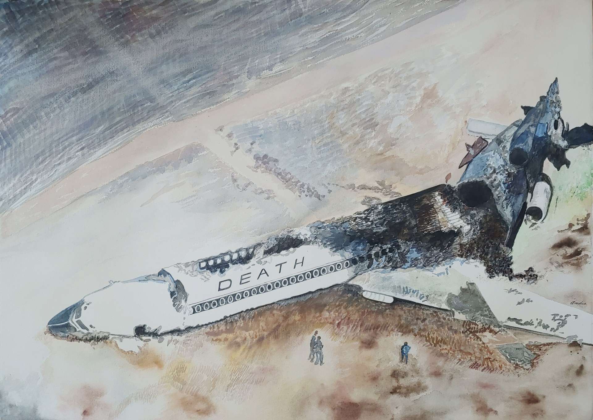 Plane Crash Watercolor by David Amdur