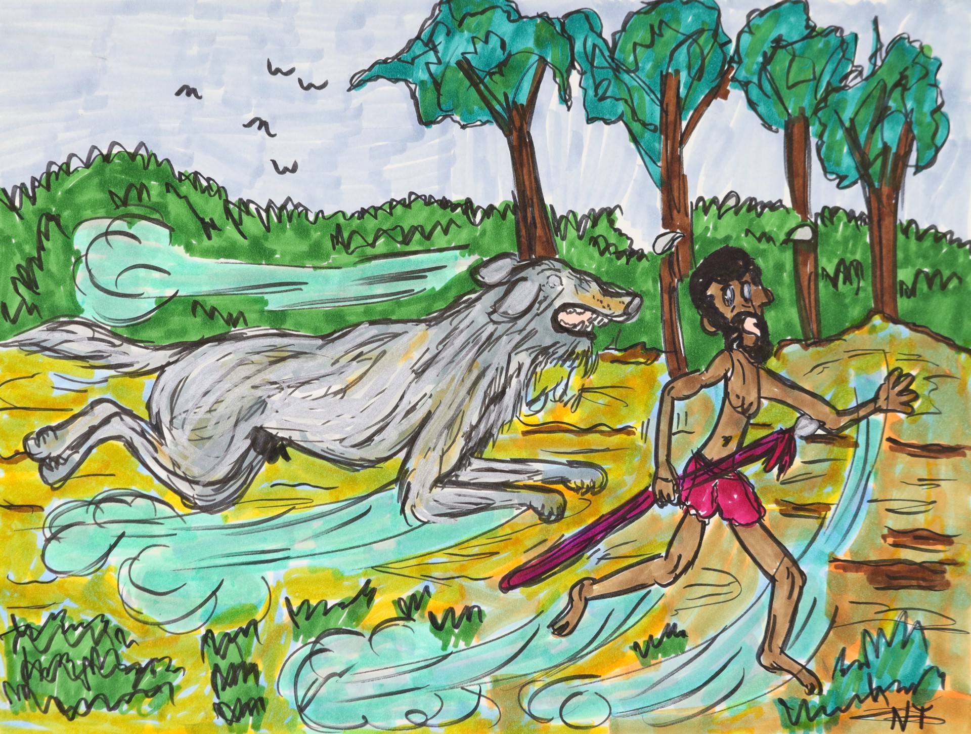 Hunter Running Away from a Wolf by Nonja Tiller