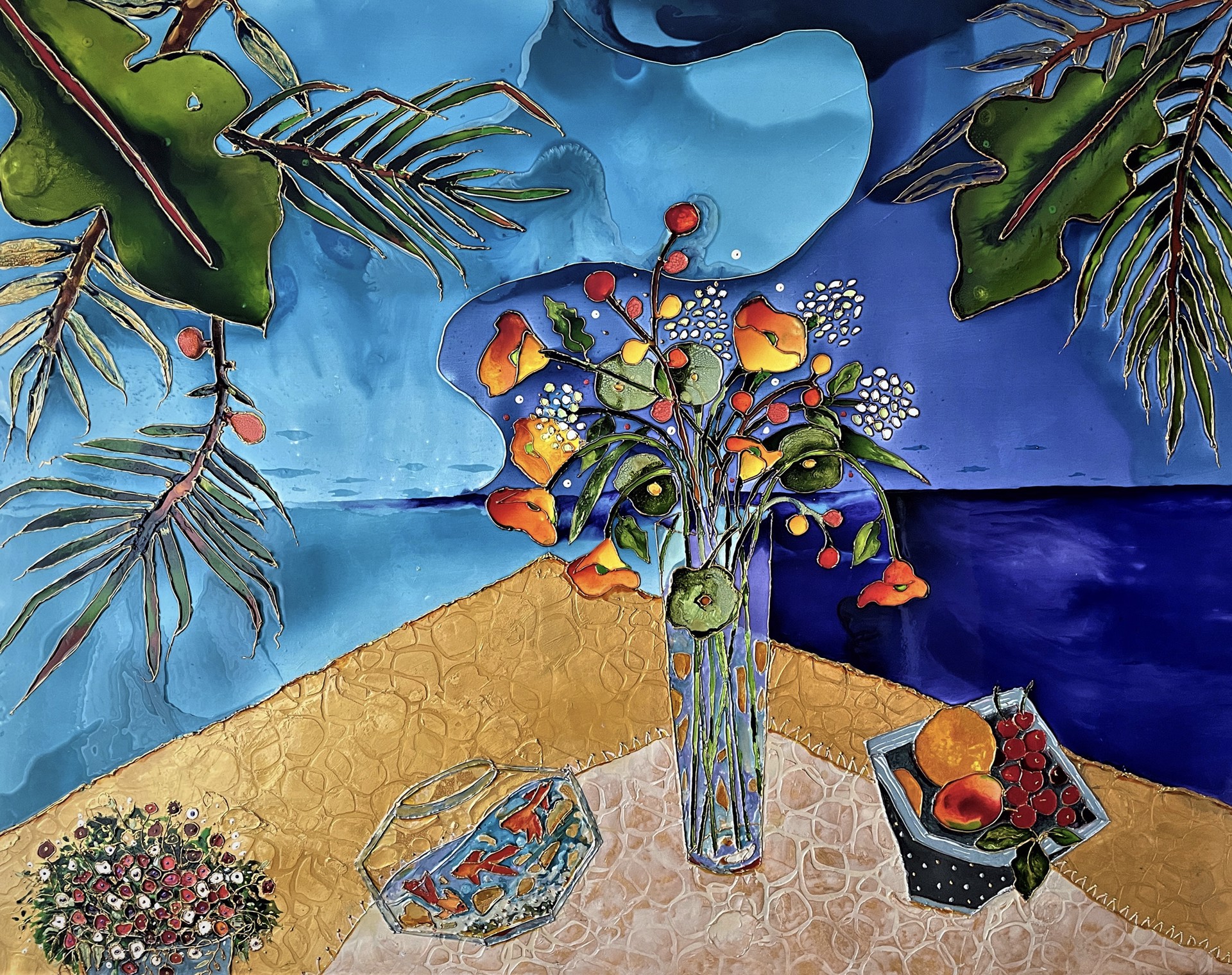 Mixed media on panel floral still life painting Twilight on the Terrace by Genie Appel-Cohen