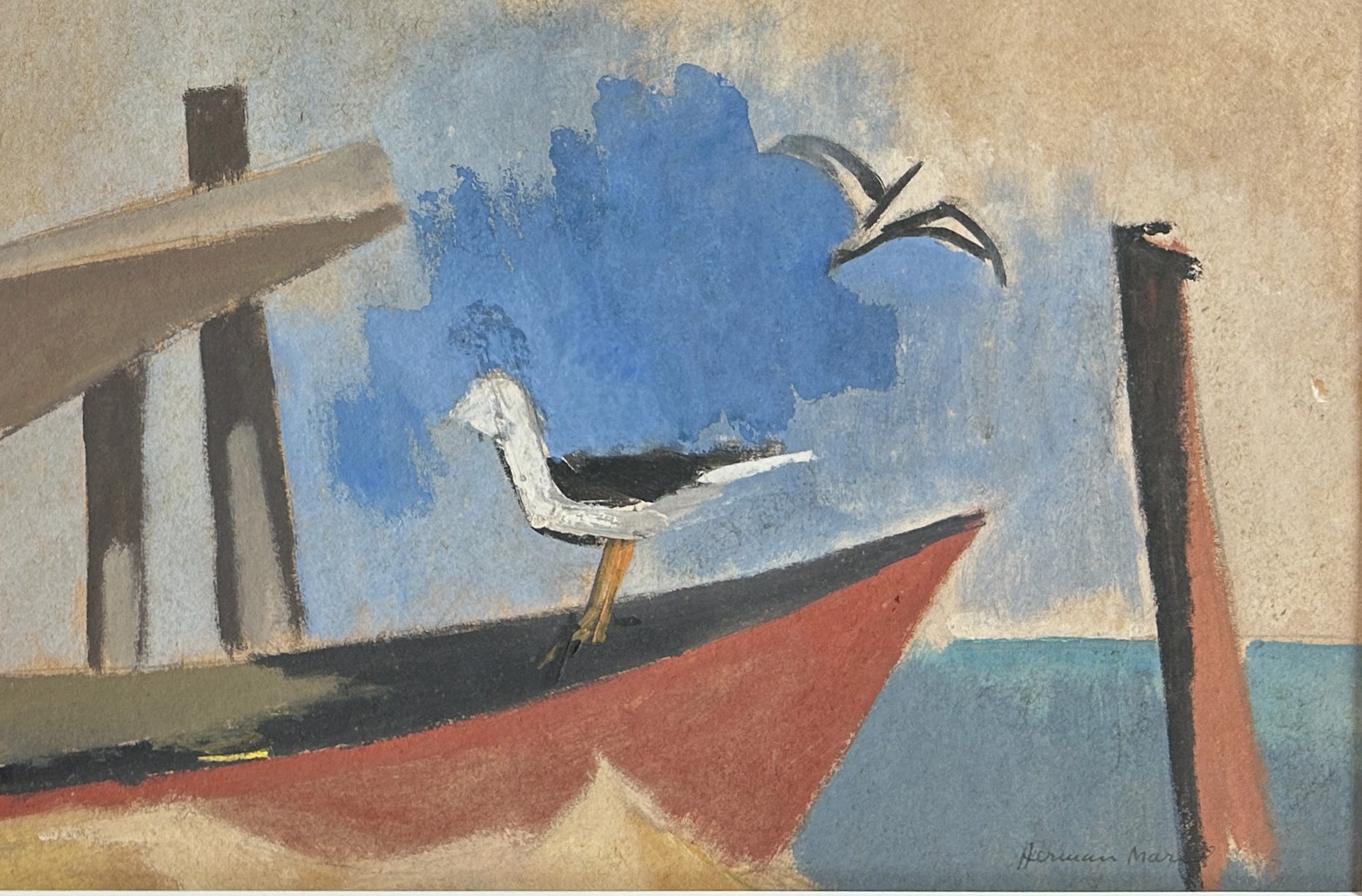 Gull on Red Boat by Herman Maril