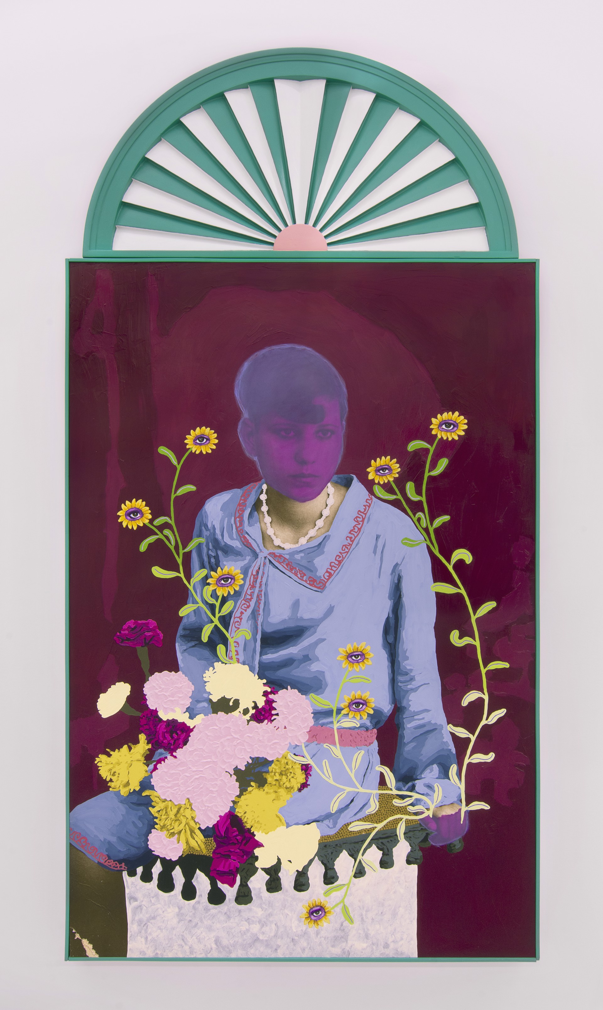 Untitled (Purple Woman with Bouquet and Yellow Eye Flowers) by Daisy Patton