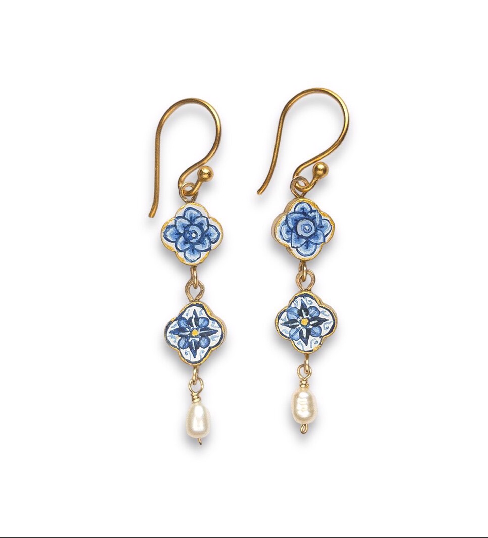 Blue and White Quatrefoil Earrings with Pearls by Christina Goodman