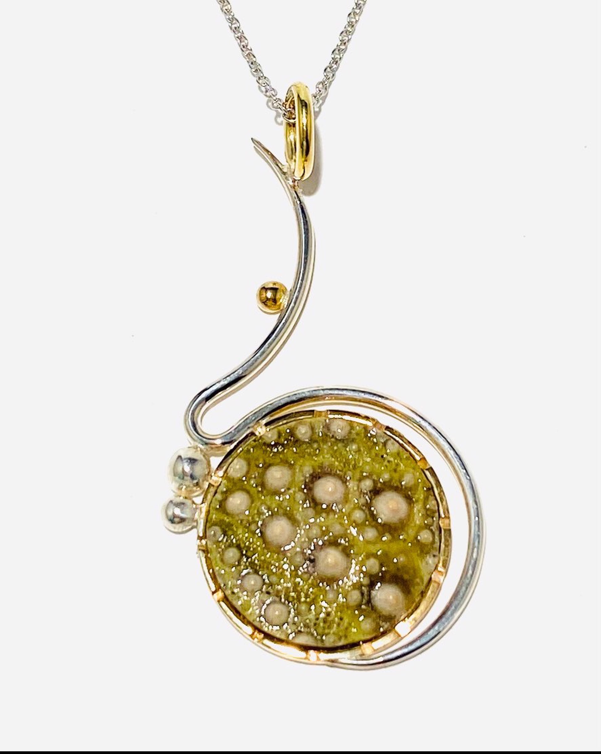 Maine Sea Urchin Slice Peridot “Delicate Drop” Pendant on 18”Silver Adjustable Chain Necklace BU23-11 by Barbara Umbel