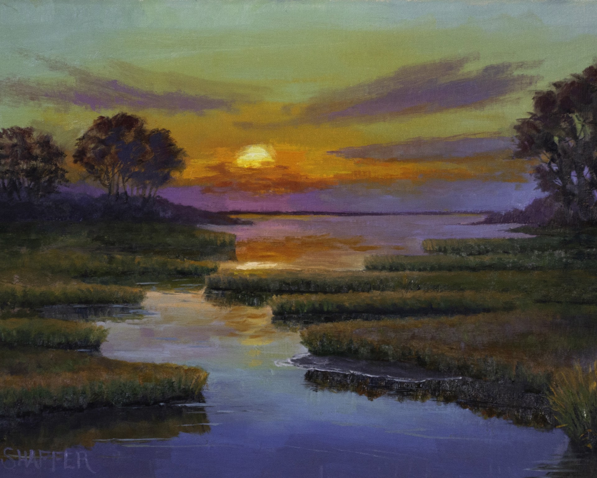 Sunset oil painting of the marsh at Barn Island Management Area Stonington, CT
