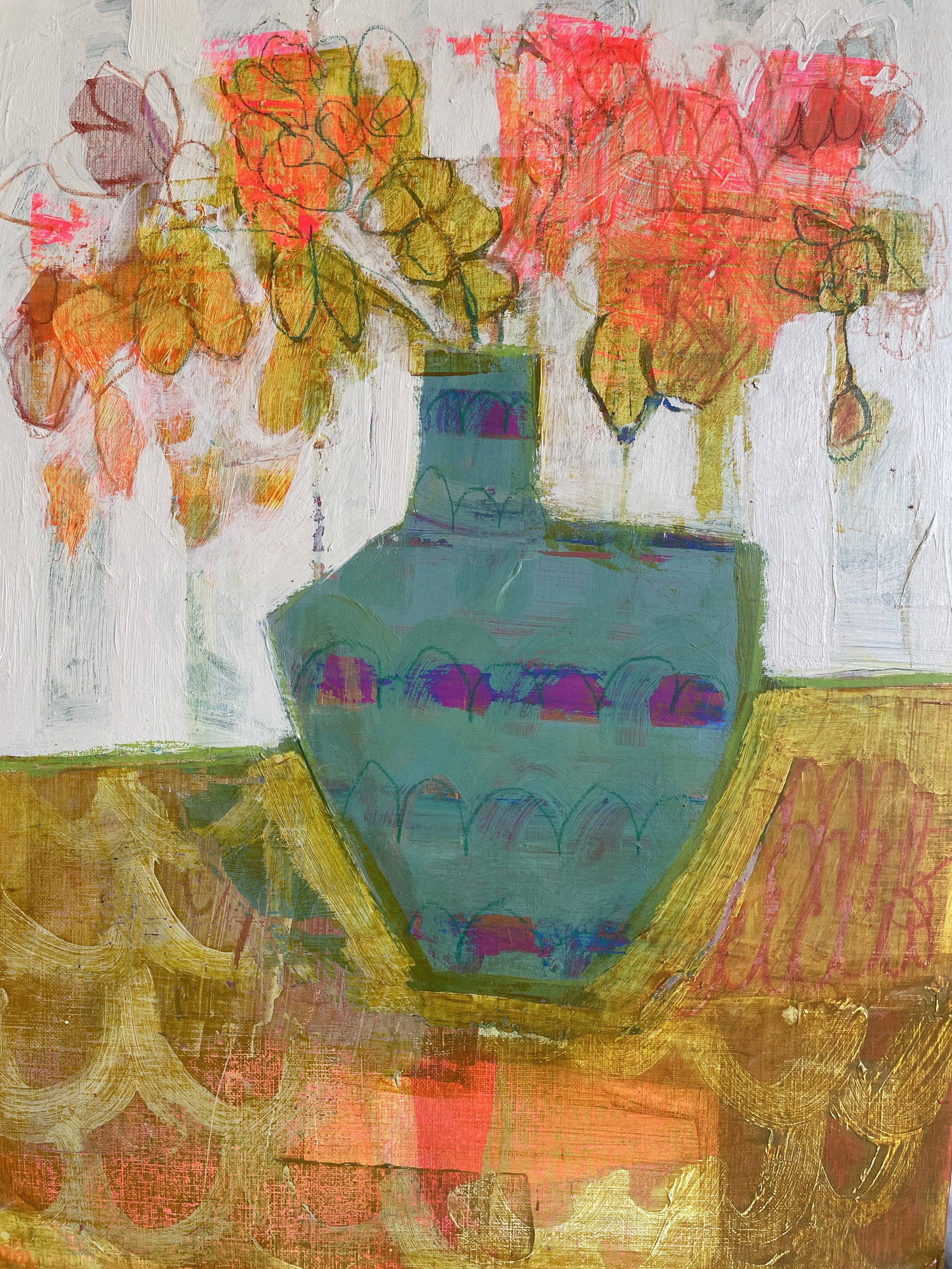 Orange Flowers in Blue Vase by Rachael Van Dyke