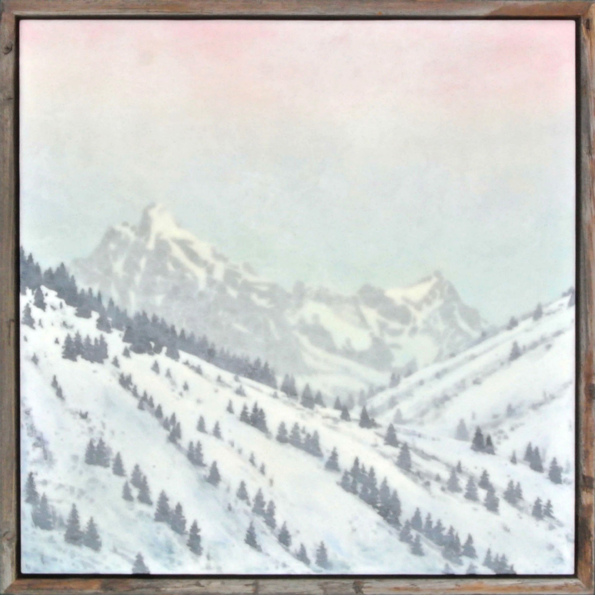 A Soft Contemporary Encaustic Winter Landscape Featuring The Grand Teton By Bridgette Meinhold, Available At Gallery Wild