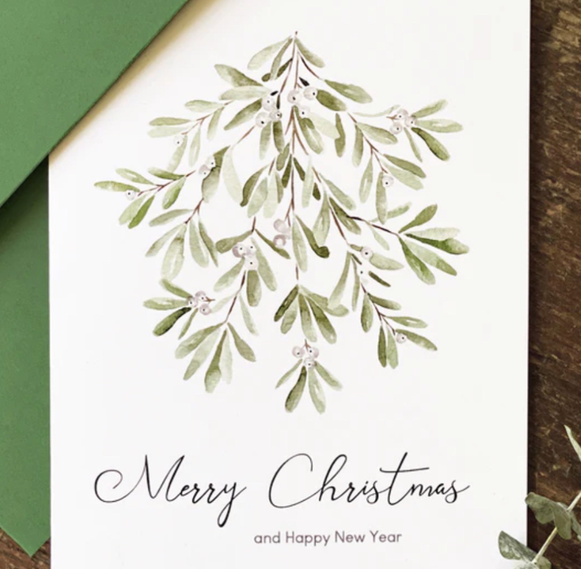 Mistletoe Card Green Envelope by Lucia Duque