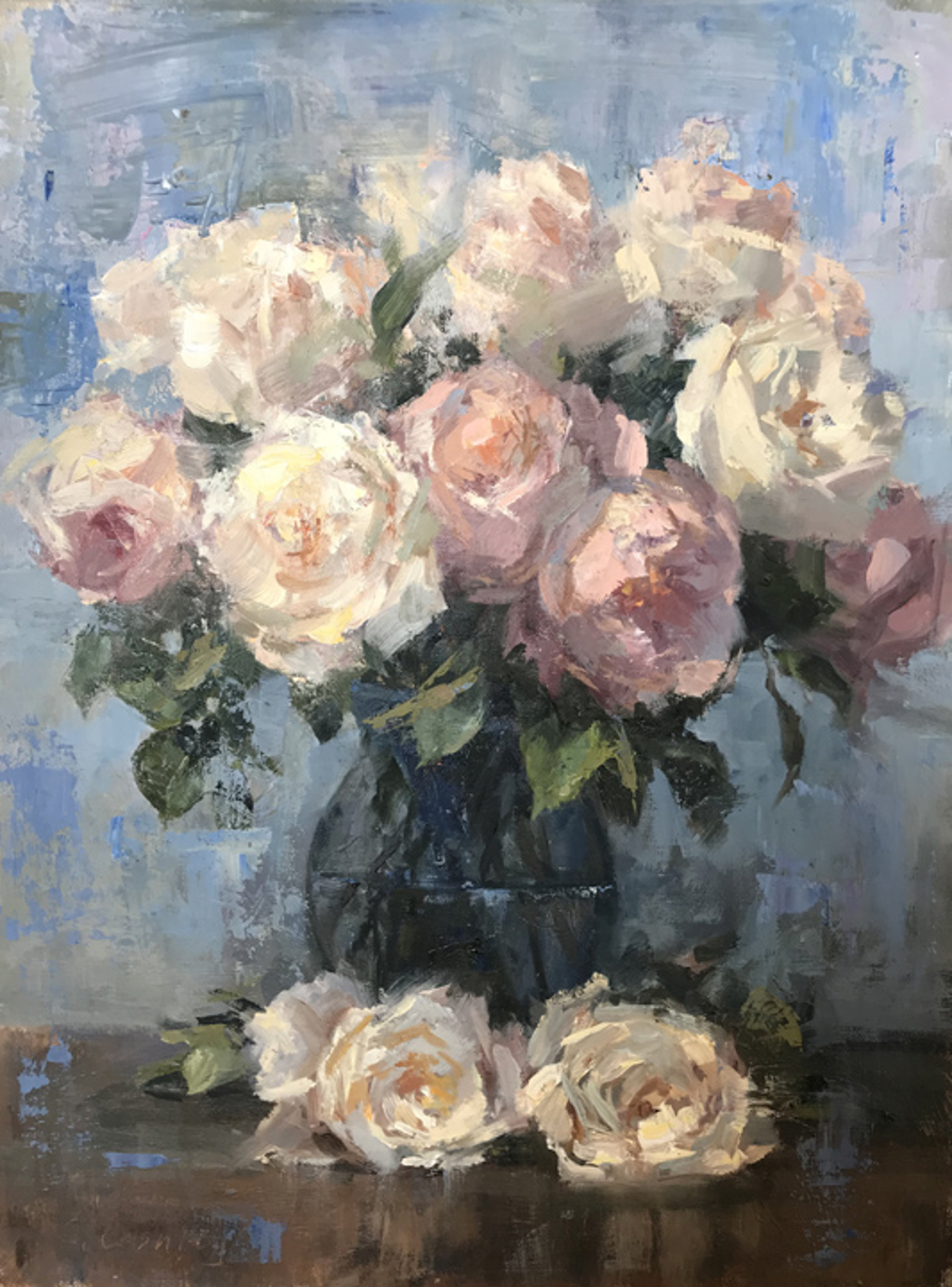Roses in a Blue Vase by Christine Lashley