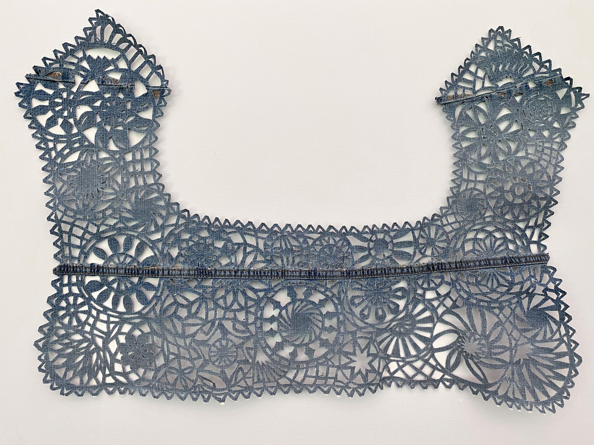 Meticulously Distressed Denim Collar, Ñandutí Lace by Libby Newell