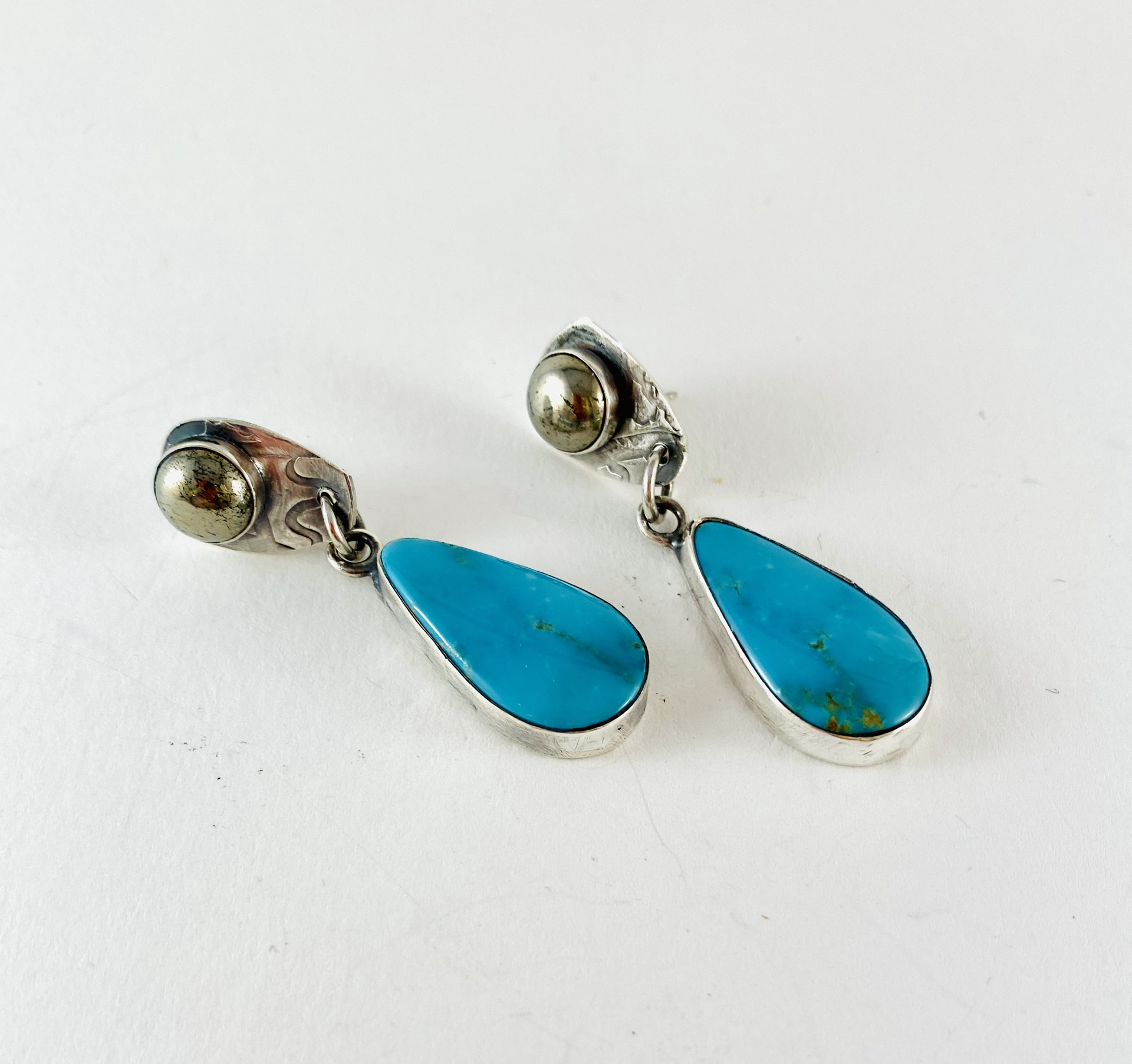 Kinsman Turquoise Drop, Pyrite and  Silver Post Earrings, #136 by Anne Bivens