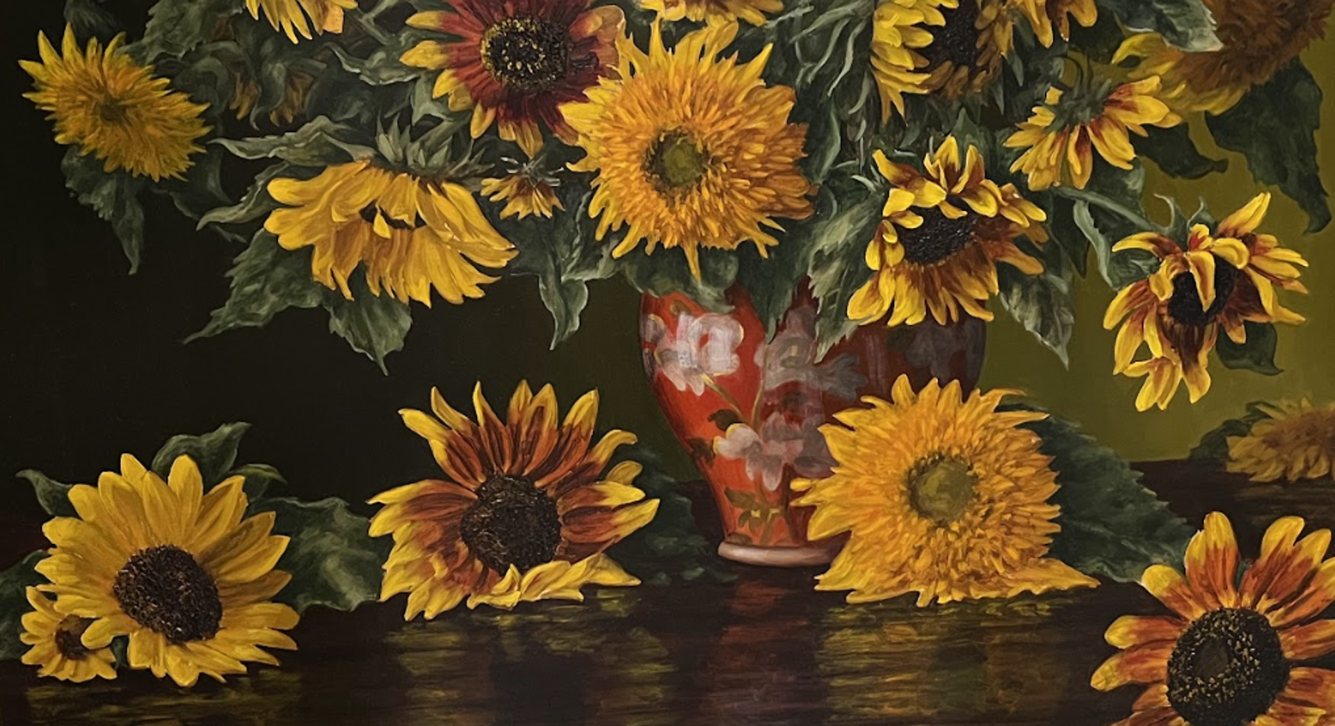 Sunflowers with Red Chinese Vase by Christopher Pierce