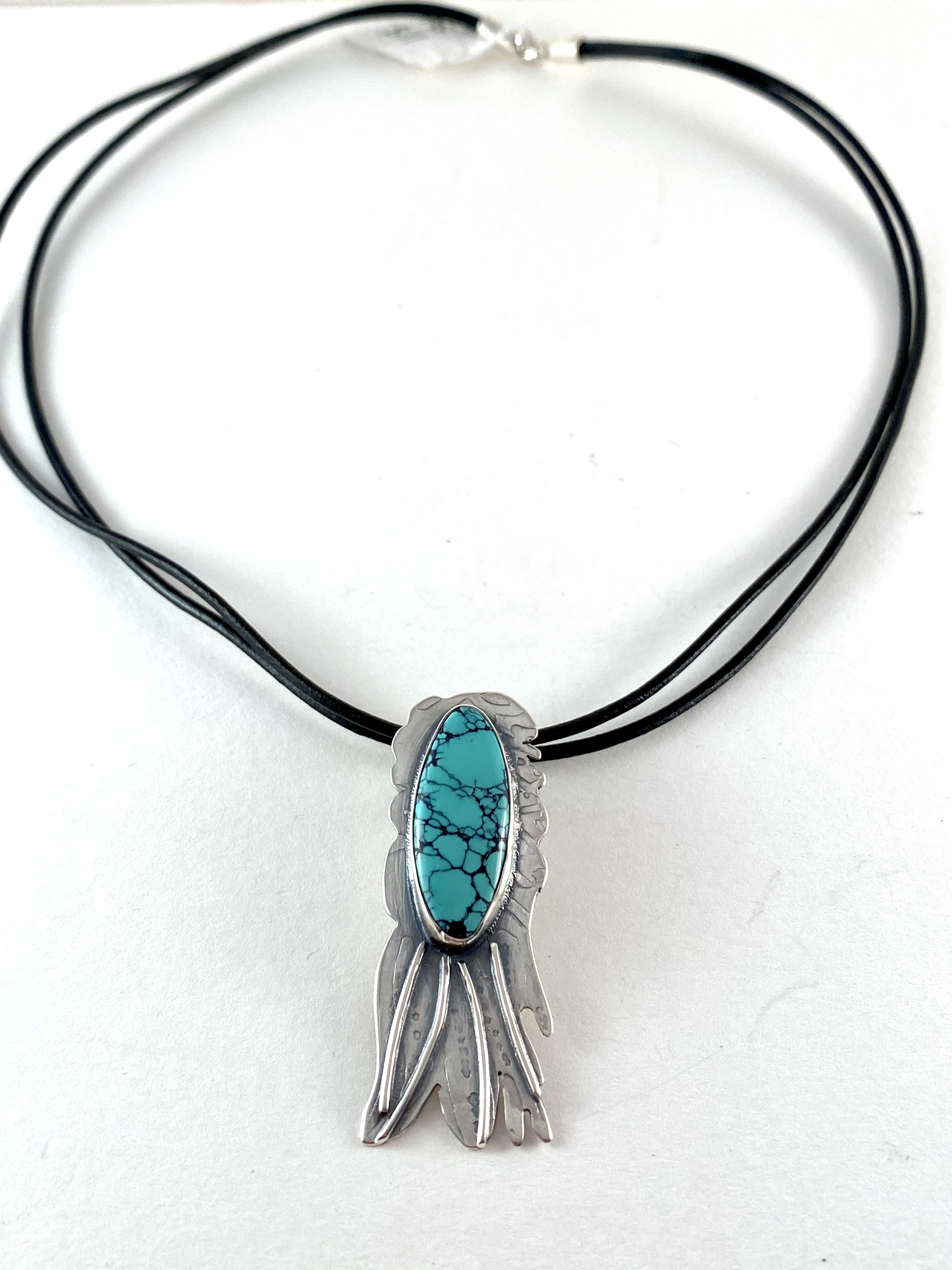#130 Silver and Kingman Turquoise Pendant on double leather cord by Anne Bivens
