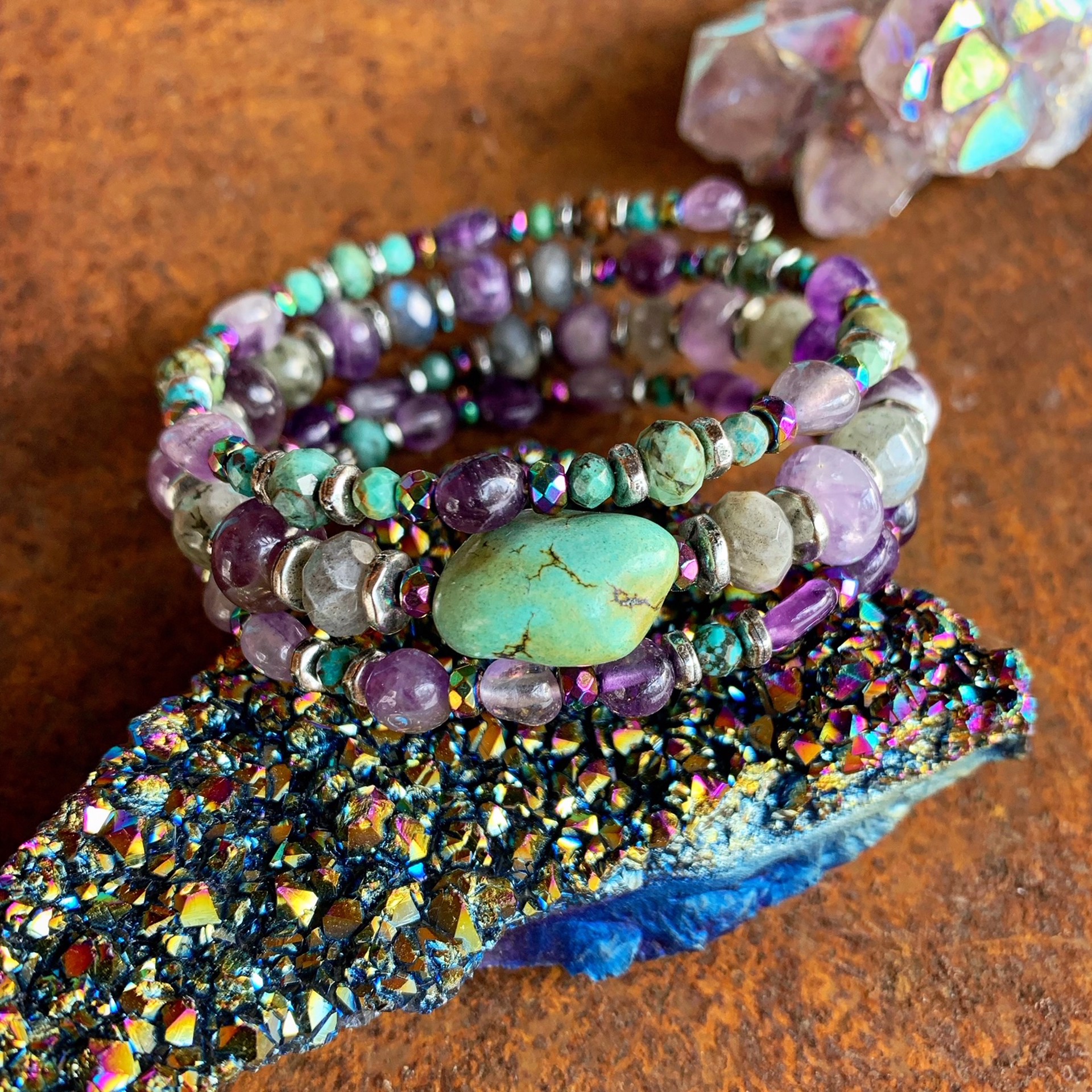 K765 Triple Wrap Turquoise and Amethyst Bracelet by Kelly Ormsby