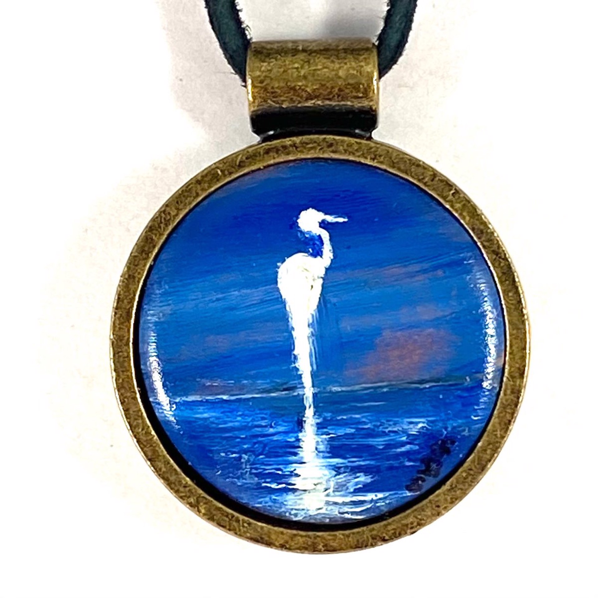 BS22-17 Great White Egret with Reflection-pendent on leather by Barbara Sawyer