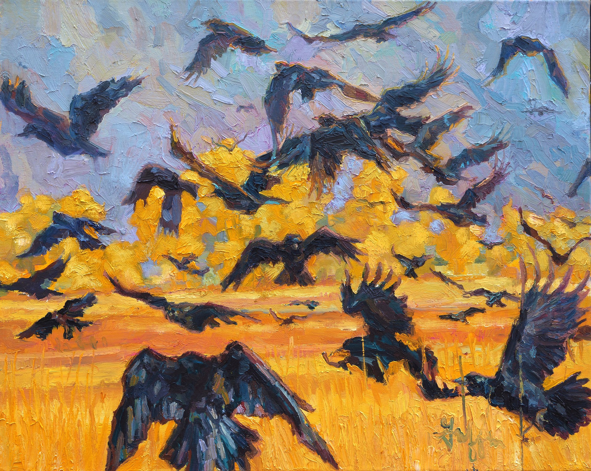 Original-Oil-On-Linen-Painting-In-A-Traditional-Graphic-Style-With-Black-Ravens-Flying-Above-A-Golden-Field-In-A-Meadow-With-Mountains