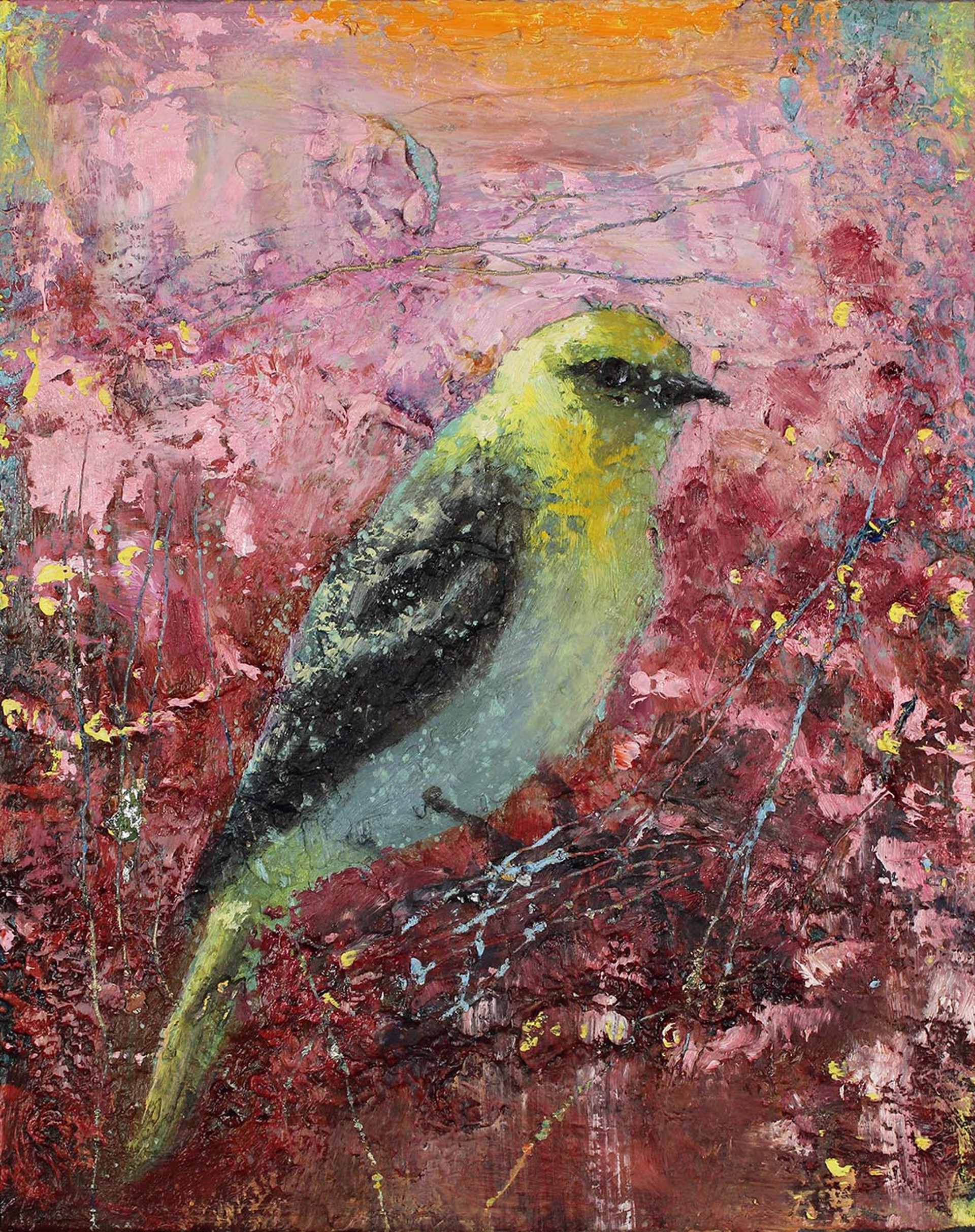 A Mixed Media Painting Of A Small Yellow Bird On A Flowering Branch By Matt Flint At Gallery Wild