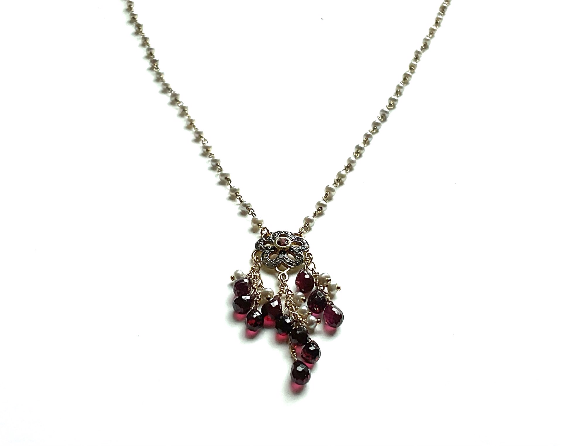 A8527E White Topaz, Garnet and Pearl Pendant on Pearl Chain by Melinda Lawton Jewelry