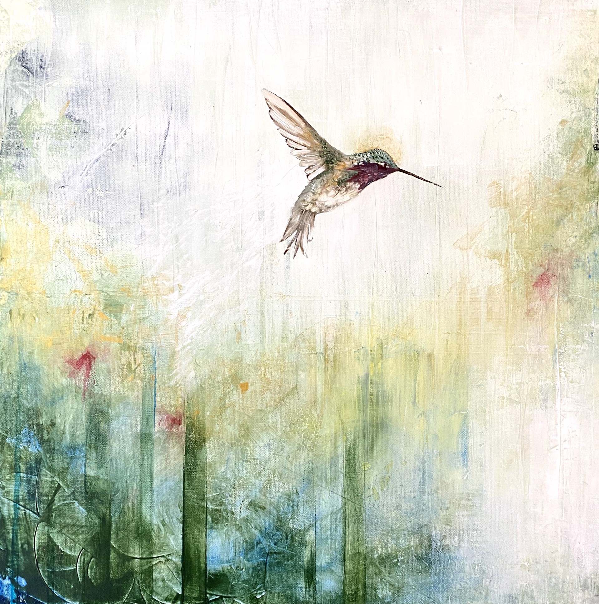 An Original Oil Painting Of A Humming Bird With An Abstract Yellow Green And Blue Background, By Jenna Von Benedikt
