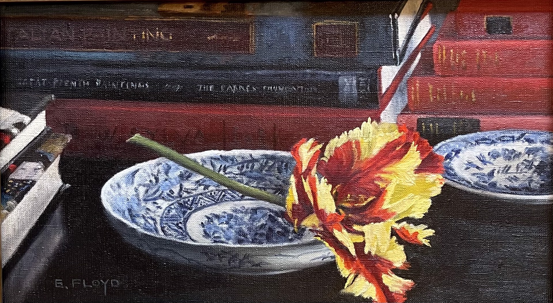 Flaming Parrot Tulip with Porcelain & Books by Elizabeth Floyd