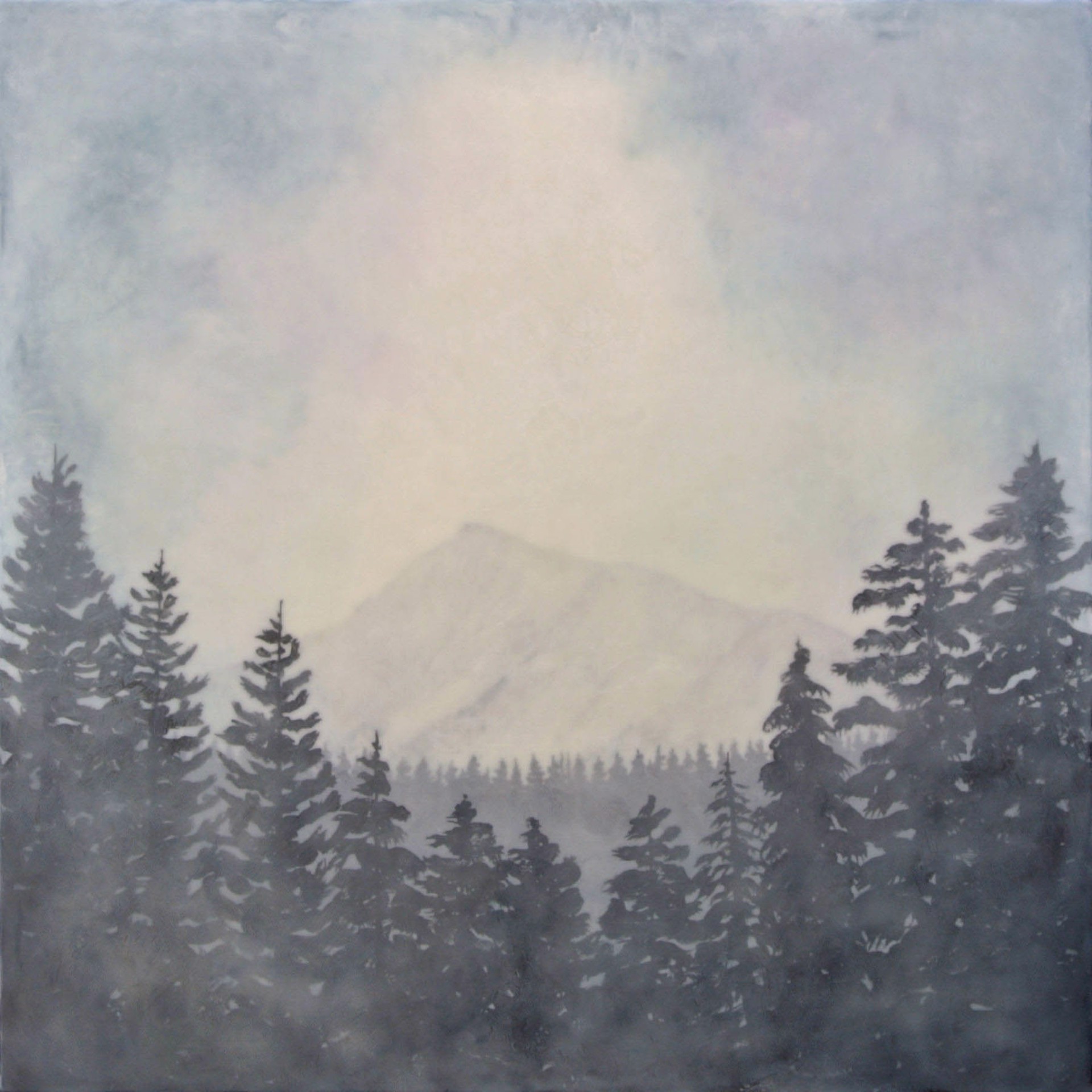 Original Encaustic Landscape Painting Featuring A Mountain Peak Blurred In The Distance And Trees In Foreground