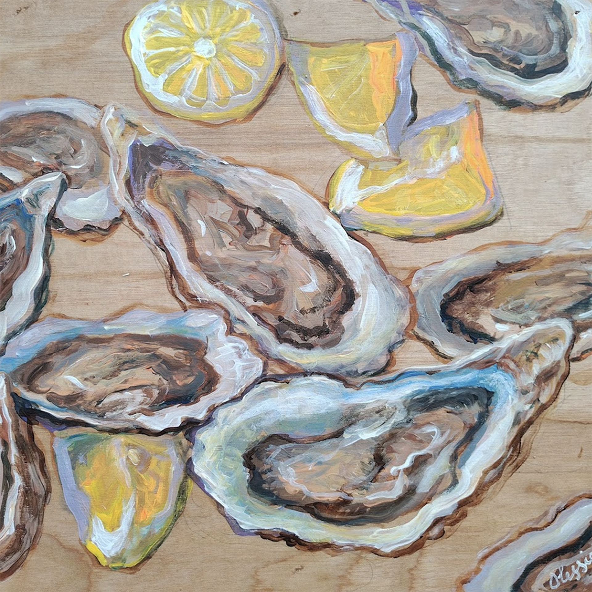"Oysters on Wood II" Original acrylic painting by Olessia Maximenko