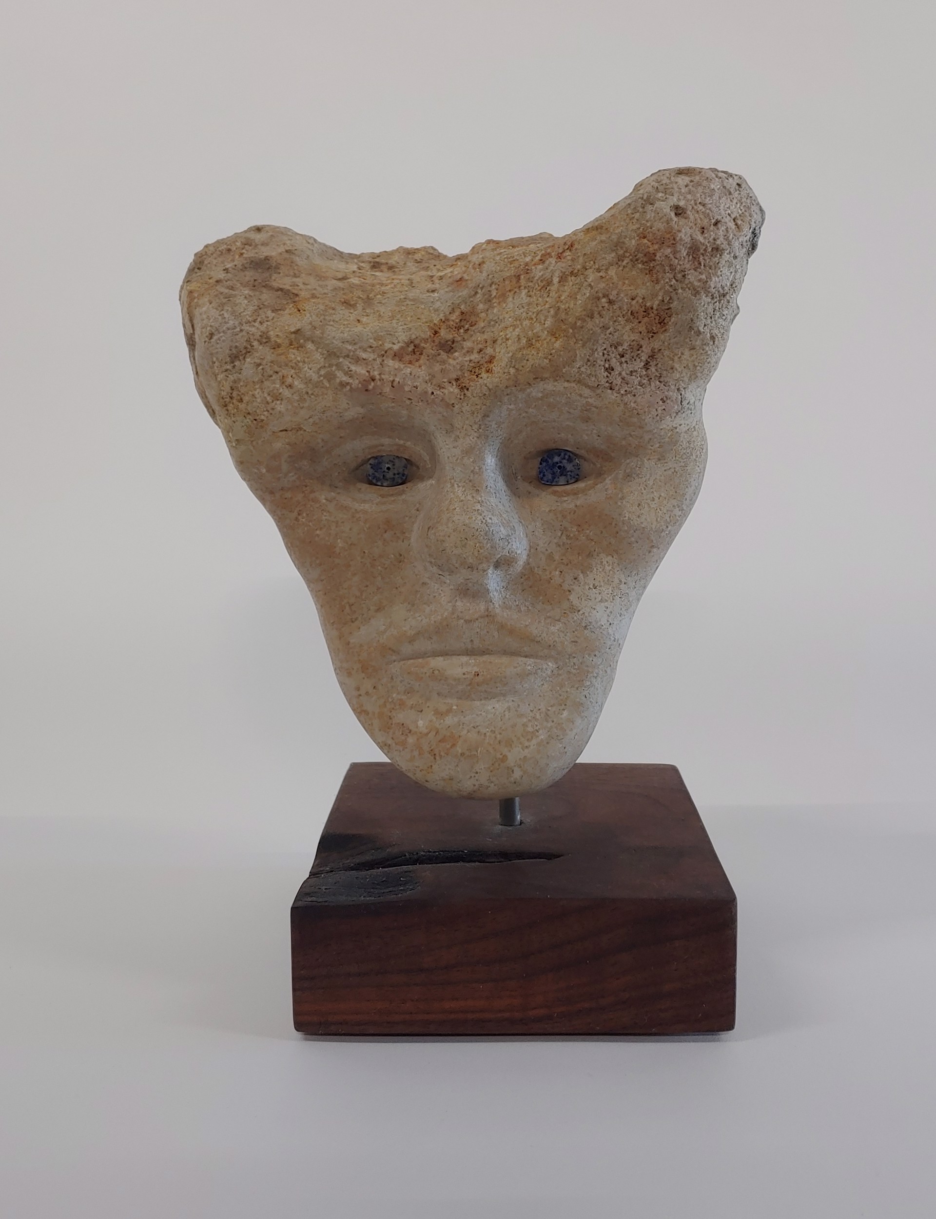 Stone Head with Abalone Eyes - Stone Sculpture by David Amdur