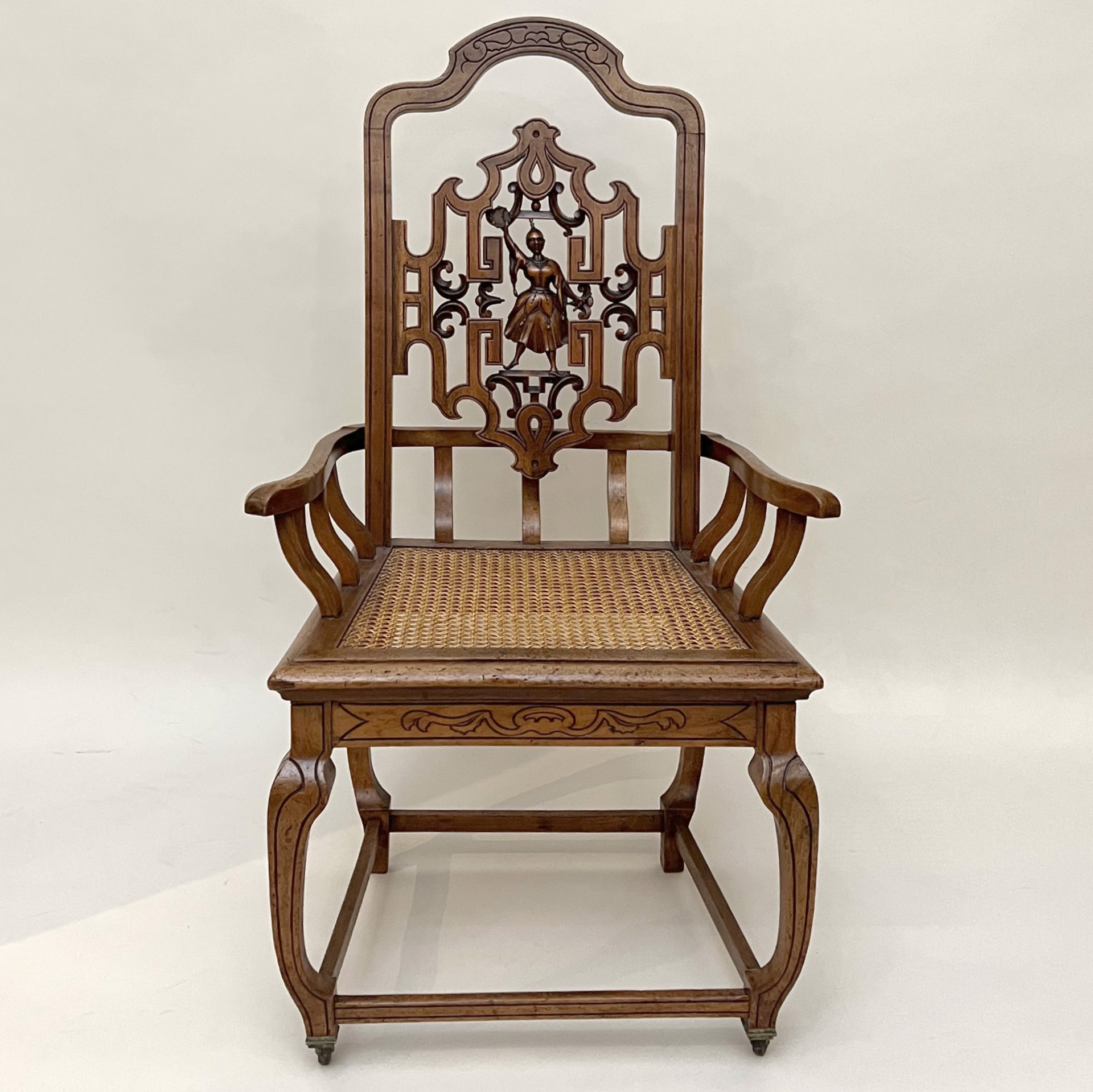 CHINESE EXPORT CANED SEAT ARMCHAIR OF CHINOISERIE STYLE