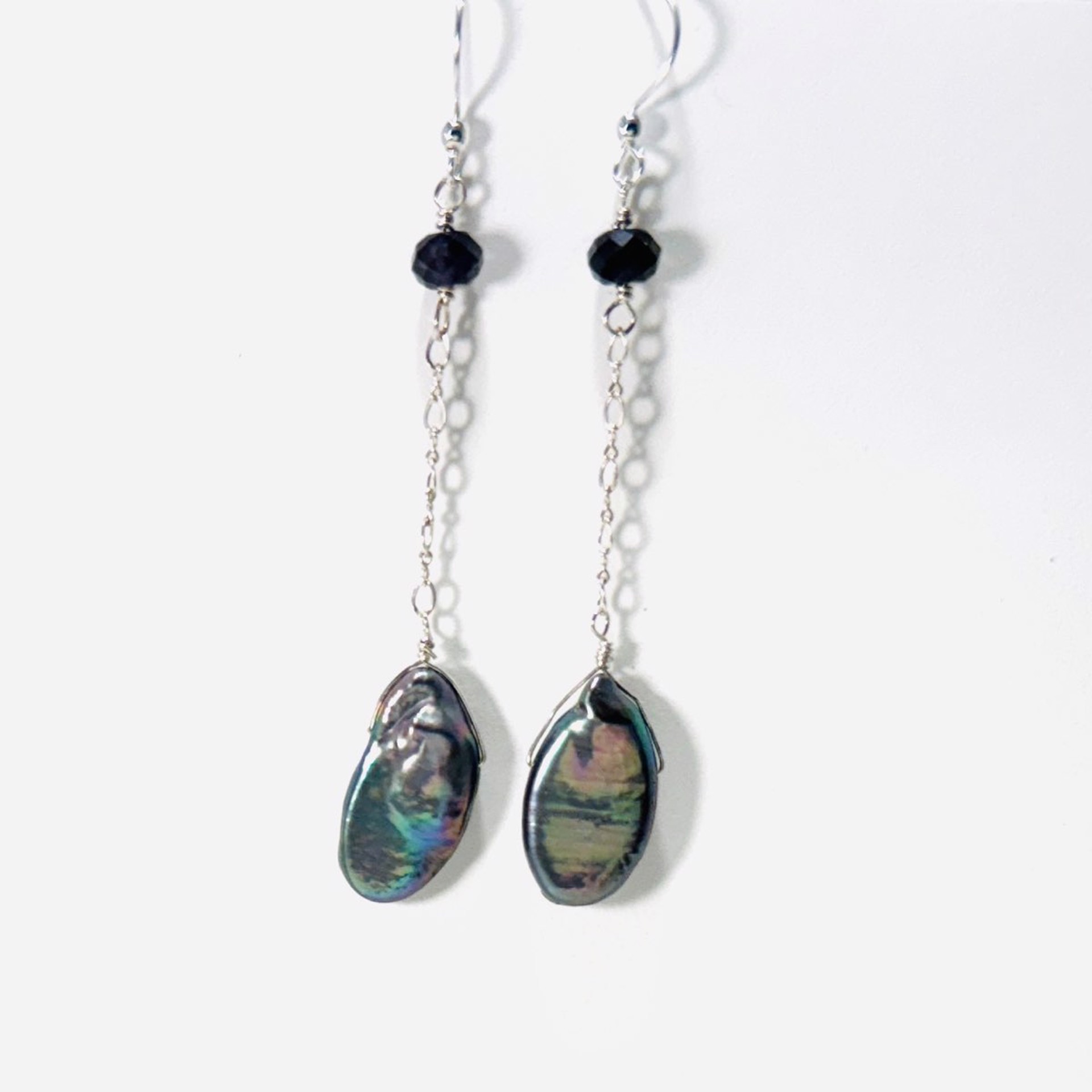 Peacock Teardrop Pearl, Sapphire SS Chain Earrings LR24-01 by Legare Riano