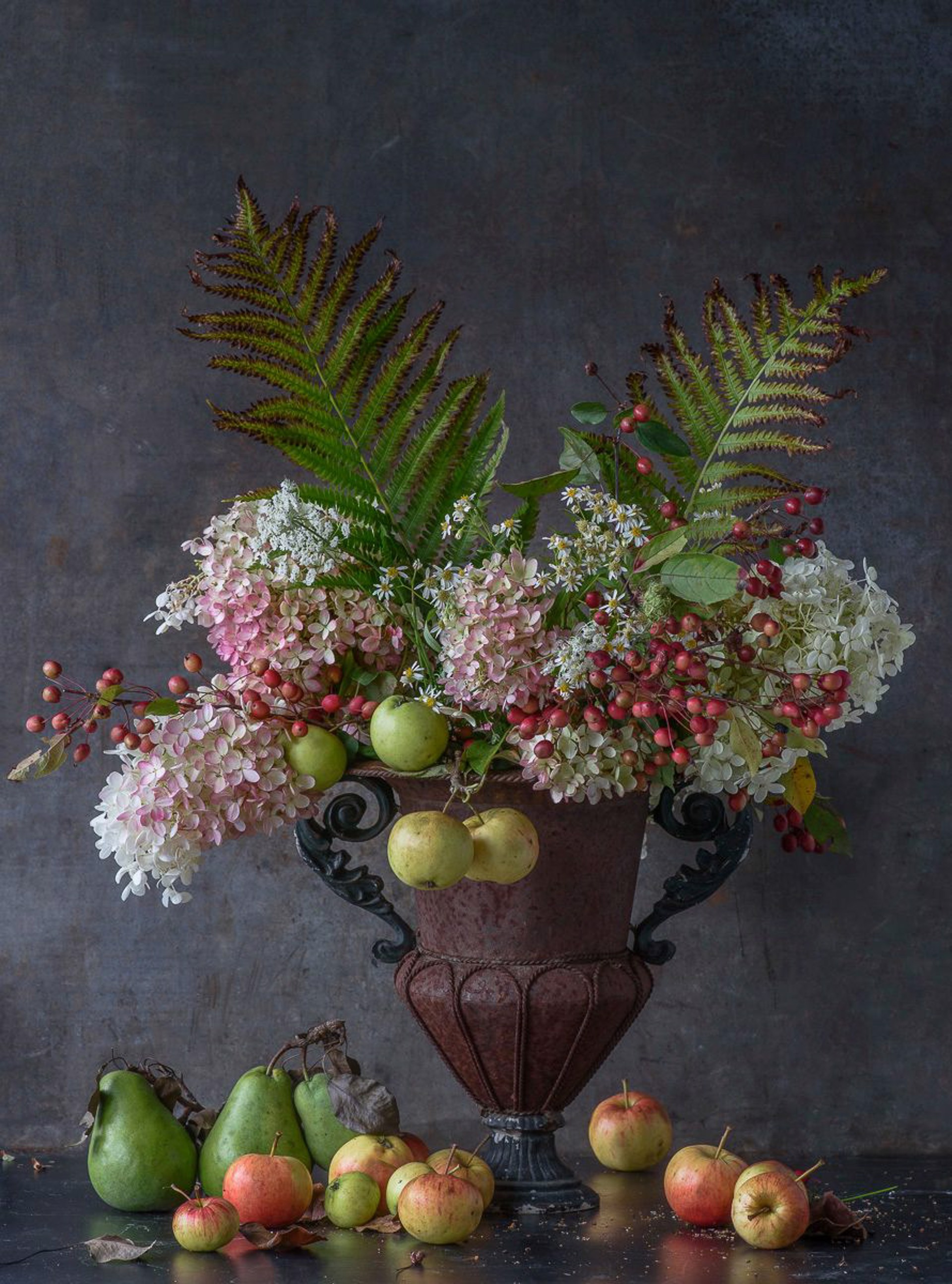 Hydrangea & Apples in Urn by Lynn Karlin