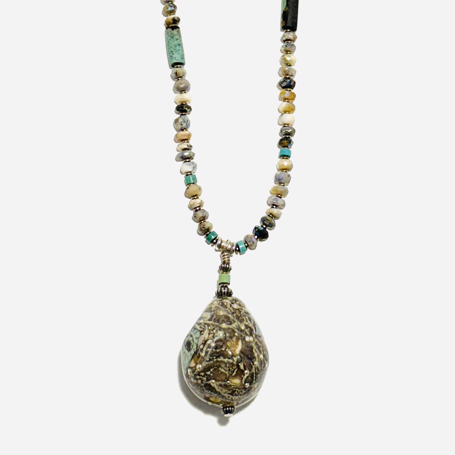 Silver Ivory with Murrini Pendant on Gemstone Necklace LS23-50 by Linda Sacra