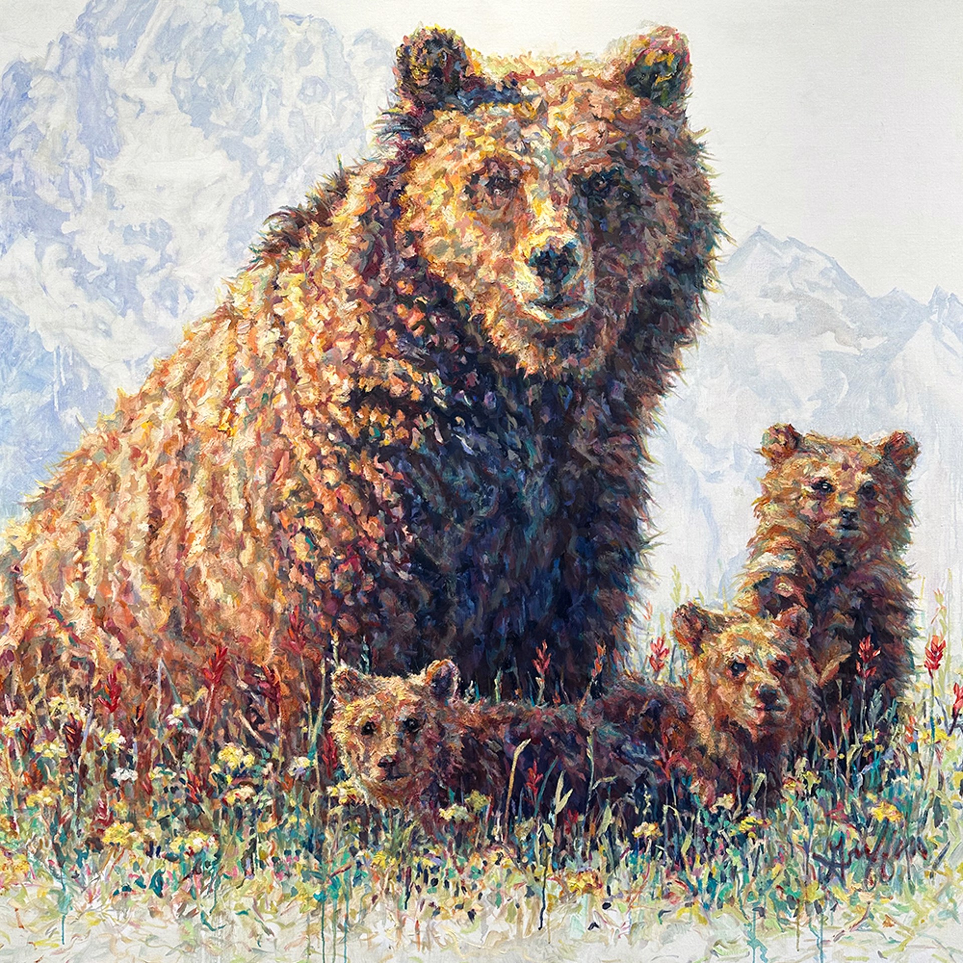Original Oil Painting By Patricia Griffin Featuring A Mamma Grizzly Bear With Three Cubs In A Field Of Wildflowers