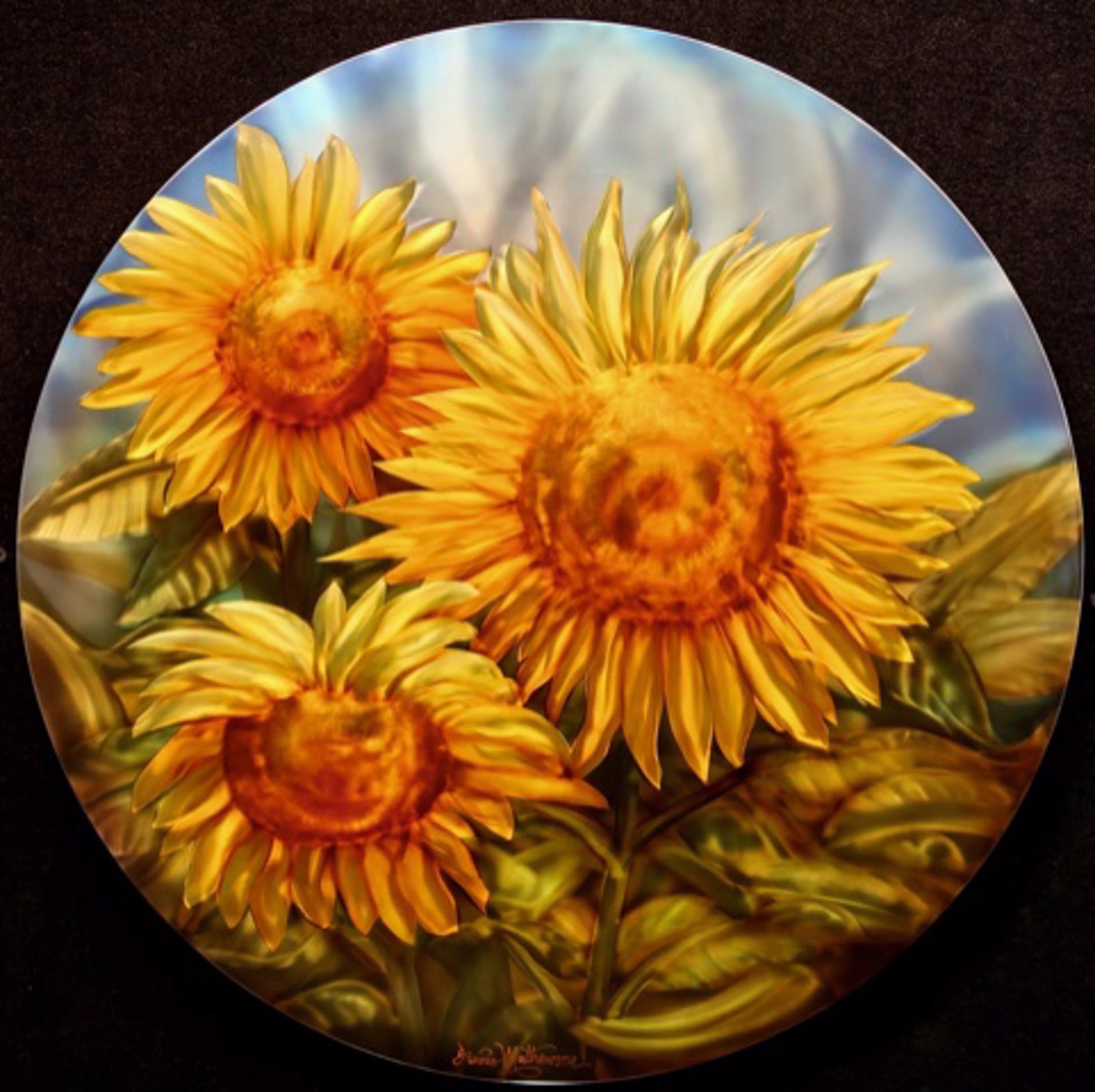 Spring Sunflower 24" Round Original on Aluminum by Dennis Mathewson