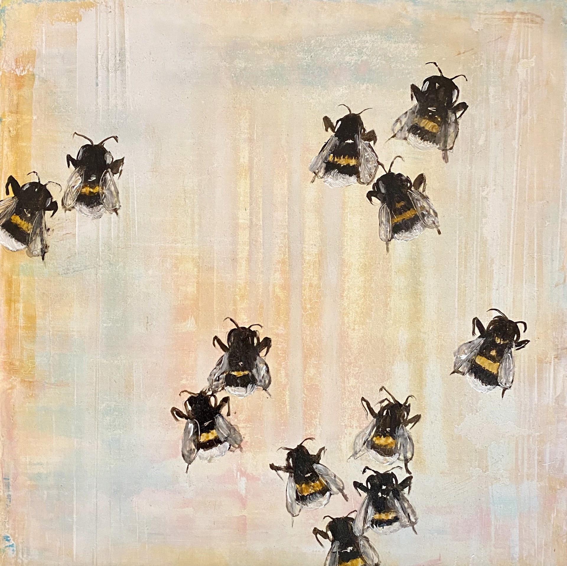 Original Contemporary Oil Painting Of Bees With An Abstract Pastel Background, By Jenna Von Benedikt